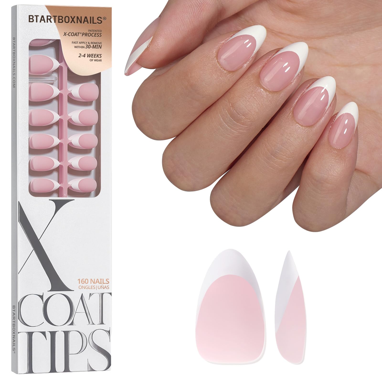 BTArtboxnails French Gel Nail Tips - French Tip Press on Nails Pink Short Almond XCOATTIPS for Nail Extensions