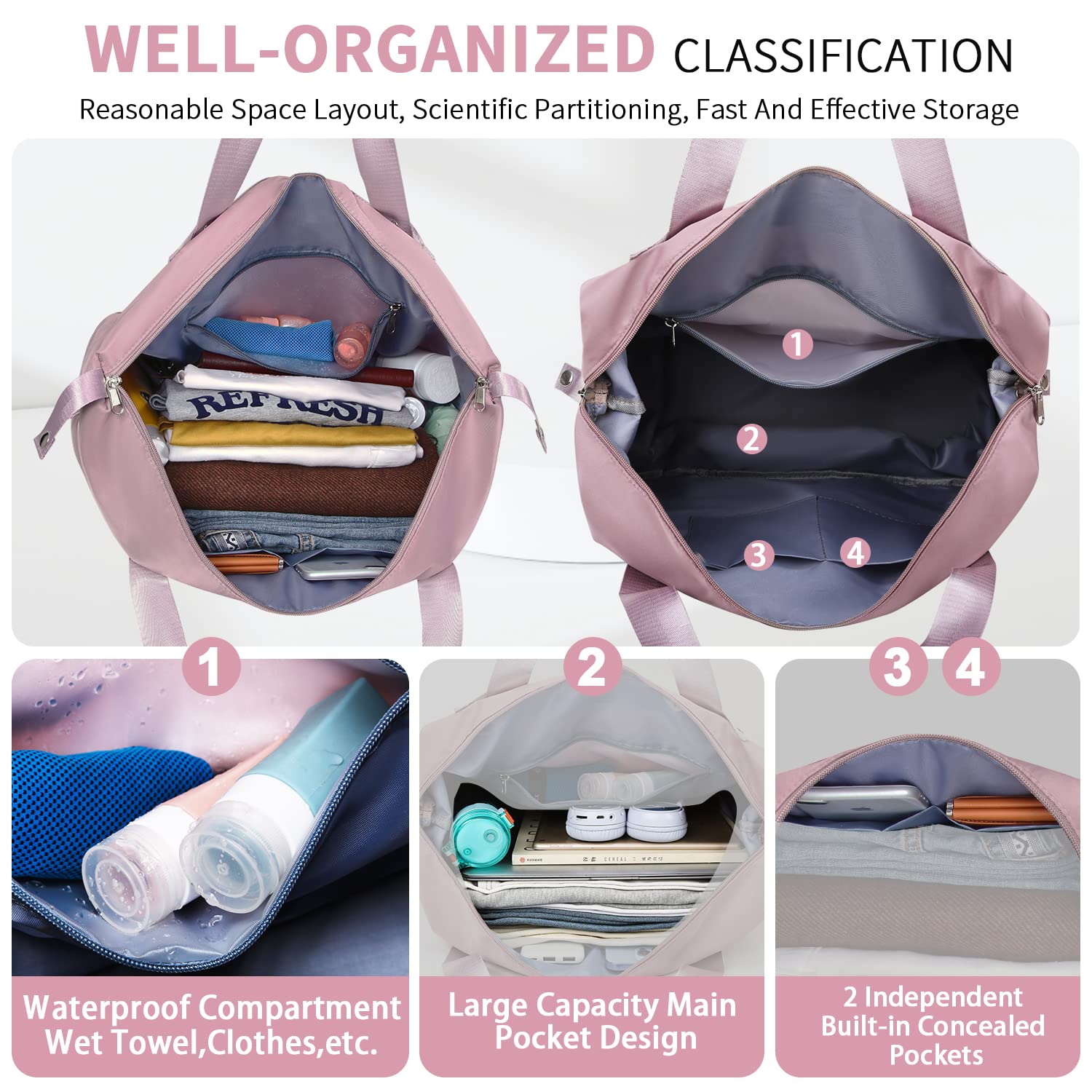 FIORETTO Womens Expandable Travel Duffel Bag with Double Shoulder Strap, Sports Tote Gym Bag with Wet Pocket, Weekend Overnight Bags Water-resistant Carry On Bag Hospital Holdalls Pink