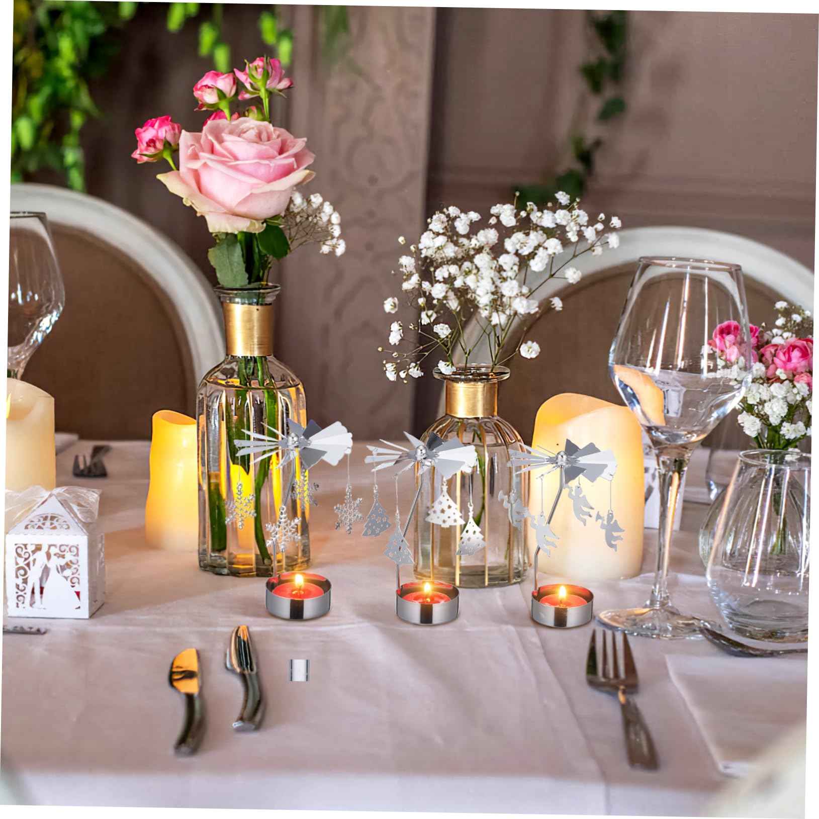 Cabilock Candelabro Giratorio De Hierro Forjado Metálico, Decoración Navideña Motivos Ángel, Copo De Nieve y Árbol, Adecuado para Mesa y Hogar, Sin Velas, Diseño Clásico Europeo