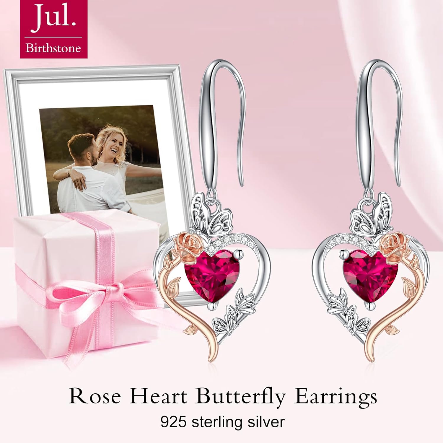 TOUPOP Mothers Day Gifts Rose Heart Birthstone Earrings 925 Sterling Silver Butterfly Earrings Love Jewelry Anniversary Birthday Gifts for Women Mom Wife Her