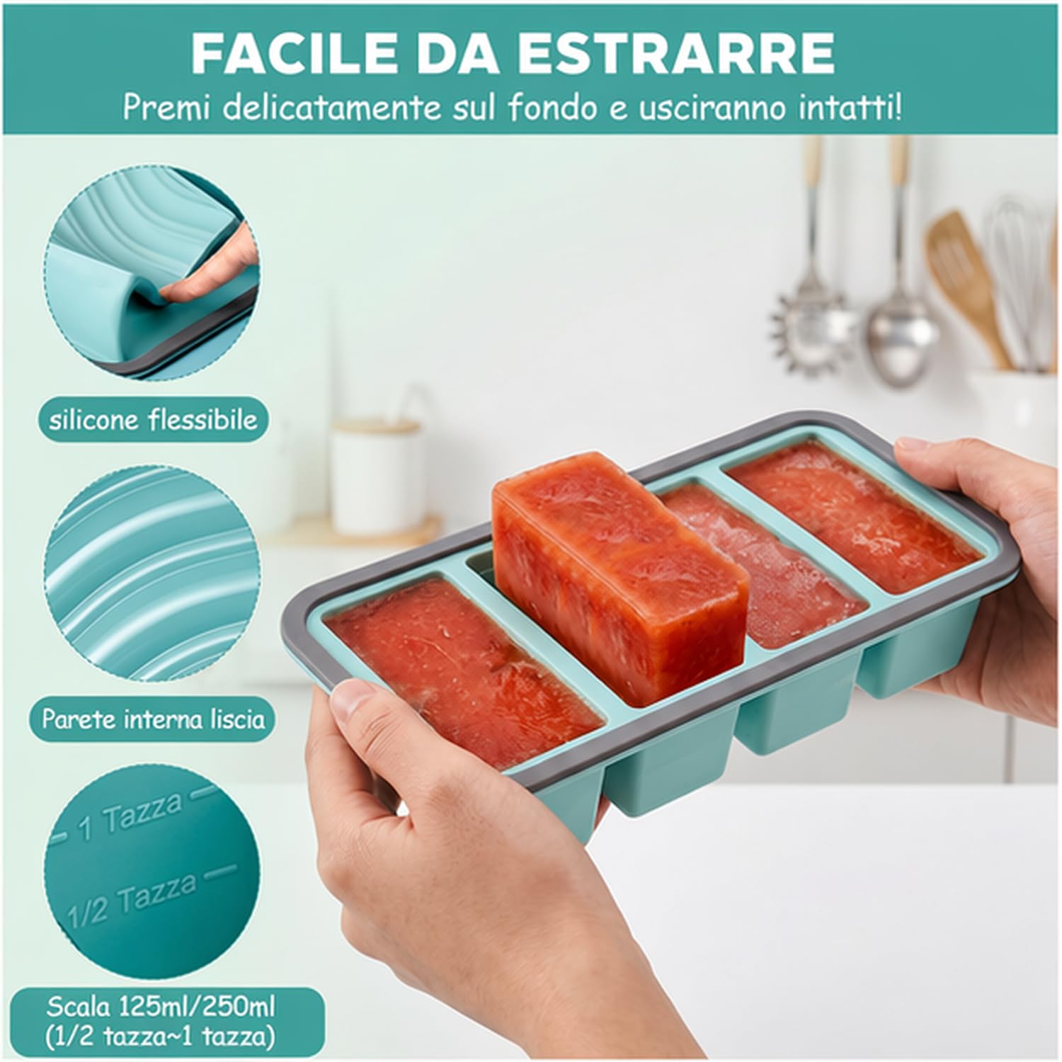 Set di 2 Contenitori Silicone per Freezer, Senza BPA 4 Cavità Contenitore Ghiaccio Freezer con Coperchi per Zuppe, Brodo, Salse e Cubetti Di Ghiaccio (1000 ml)