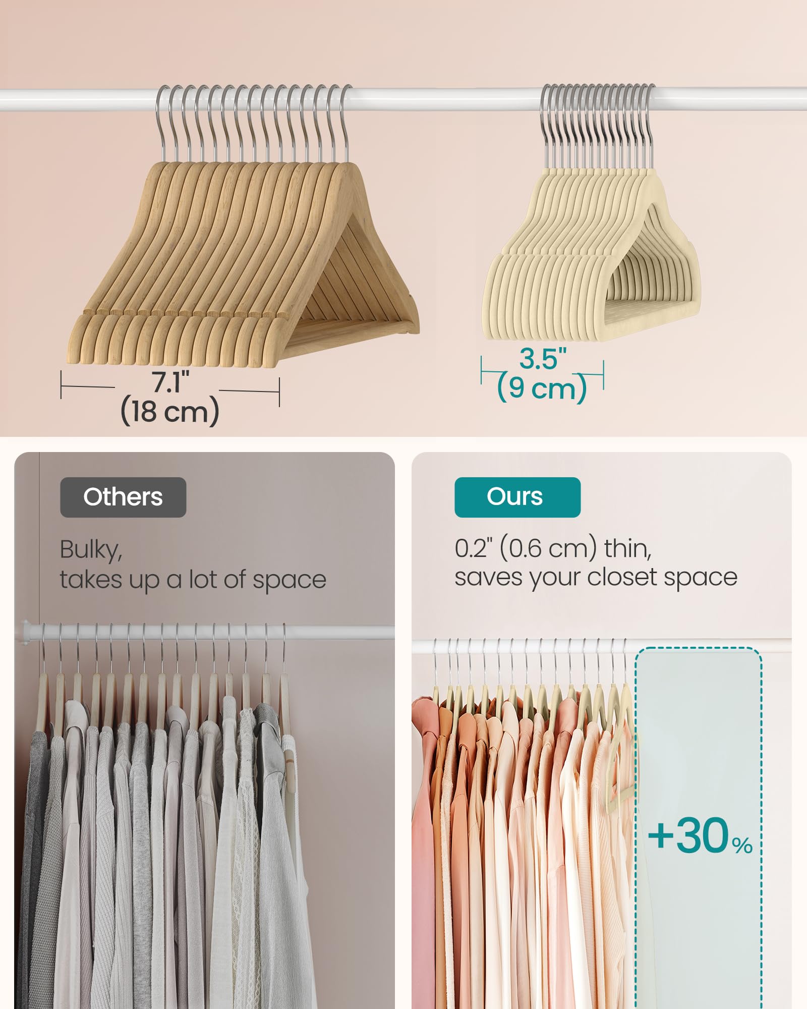 SONGMICS Lot de 60 cintres antidérapants en Velours avec Crochets pivotants de Couleur argentée, Minces et Peu encombrants pour Placard, très résistants, Sable d'été UCRF036LF02S