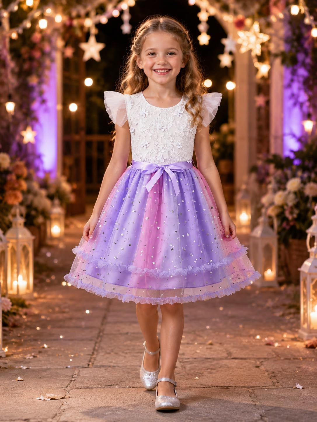Girls Princess Dress, Kids Flutter Sleeve Lace Tulle V-Back Dress, Wedding Graduation Formal Birthday Party 3-10 Y