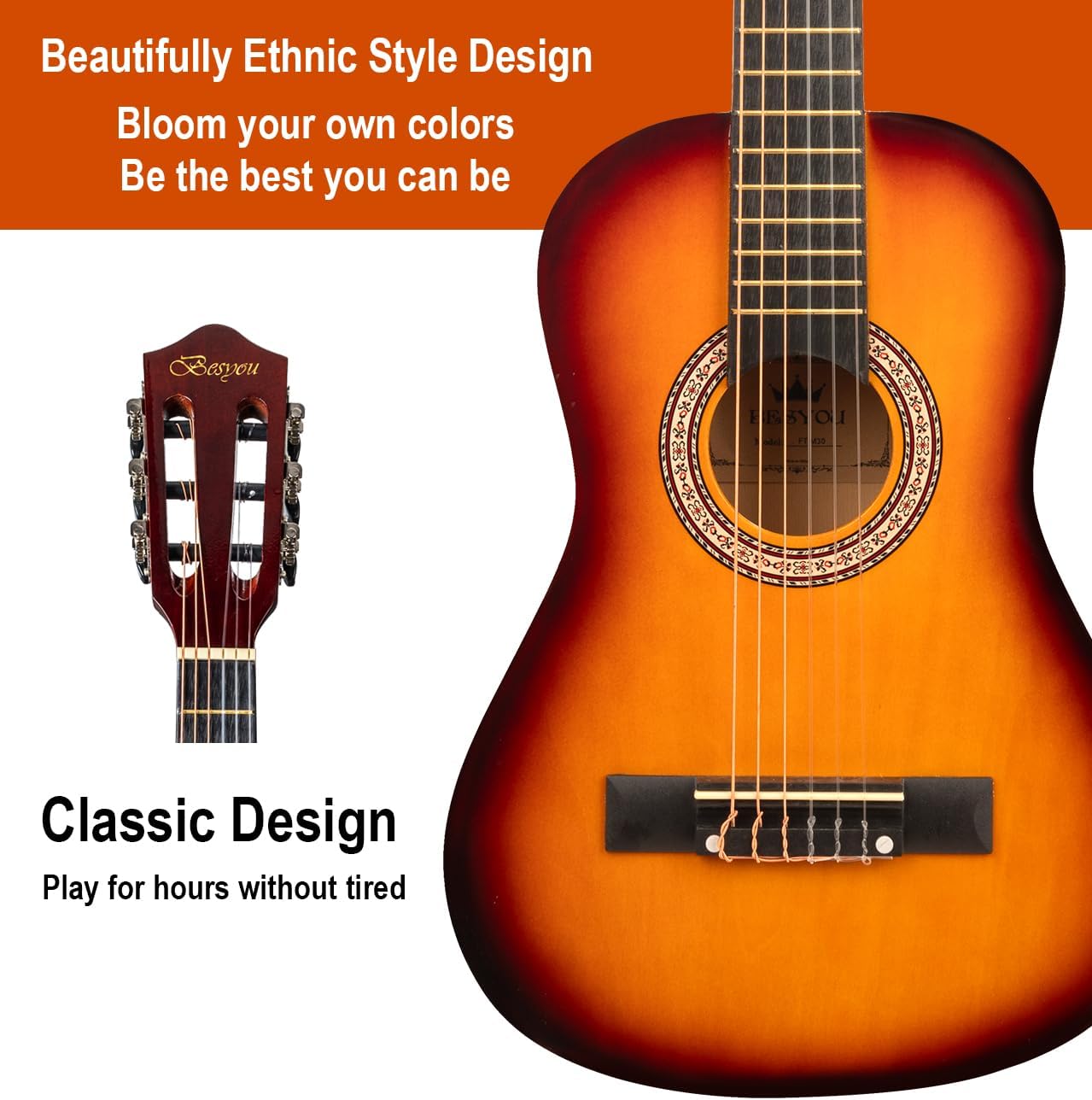 30in Beginner Acoustic Guitar Basic Starter Kit Tuner Bag Capo Strings Winders Strap Picks Student/Kids Guitar Pickguard with Gig Bag Sunset