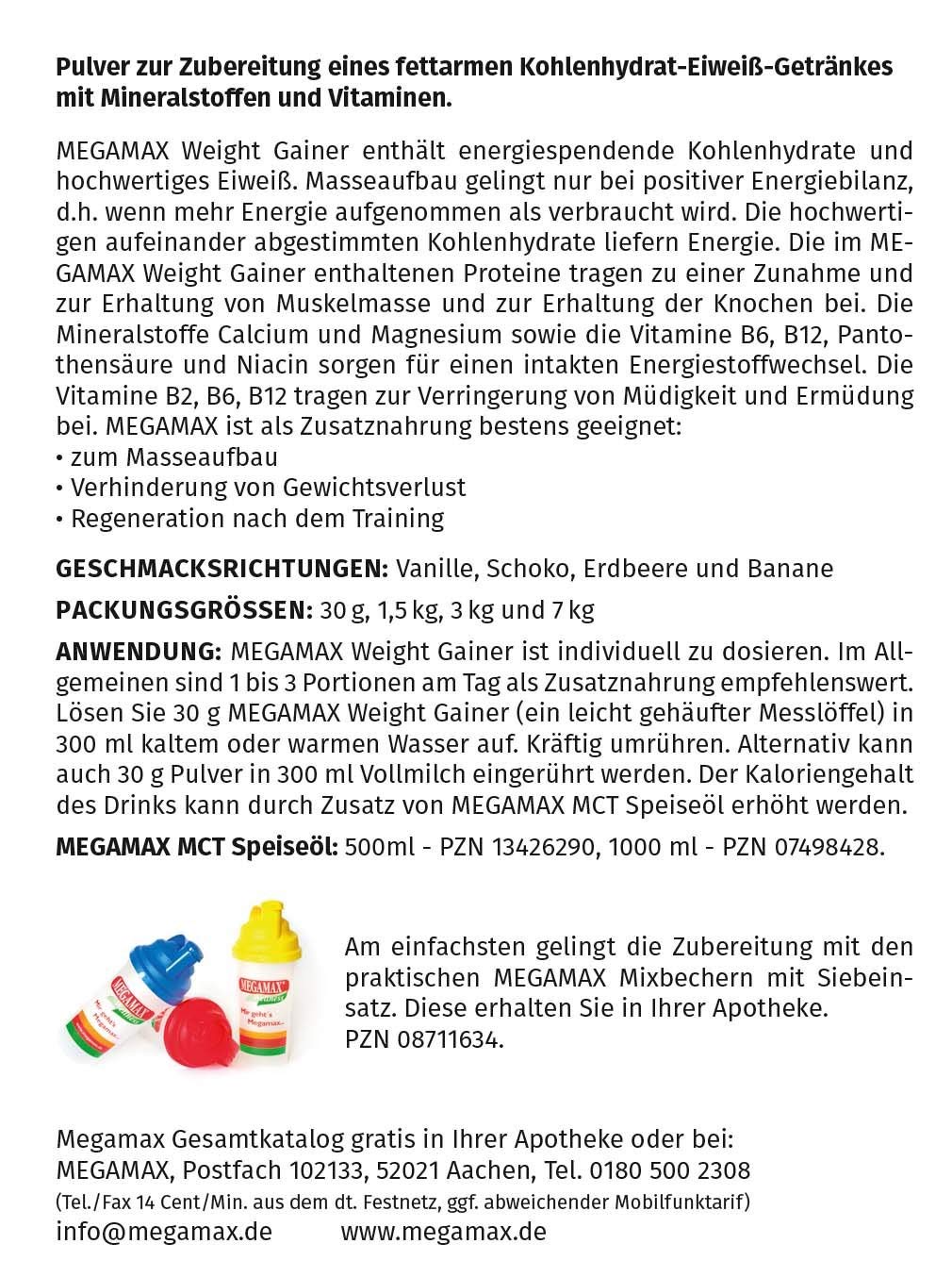 Megamax Weight Gainer Vanille 1,5 kg 0,5% Fett | Vitamine, hochwertige Kohlenhydrate & Proteine ideal für HardGainer u. Untergewicht | Aufbaunahrung für Massephase, Masseaufbau & Zunehmen
