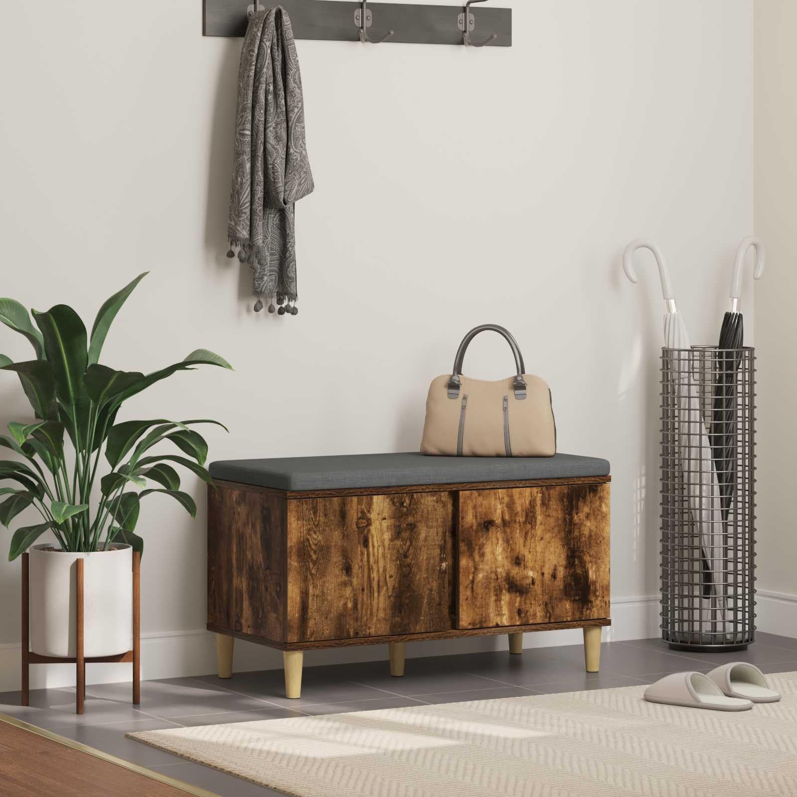 Banc de couloir en chêne fumé 80cm avec coffre de rangement et coussin