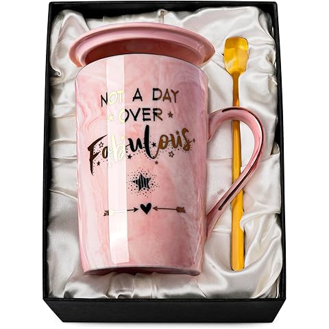 Funny Birthday Gifts for Women - 14Oz Not a Day Over Fabulous Coffee Mug Printed with Gold, Happy Birthday Gift Ideas for Her Bday, Mom, Sister, Best Friends Female, Christmas Ceramic Cup Gift, Pink