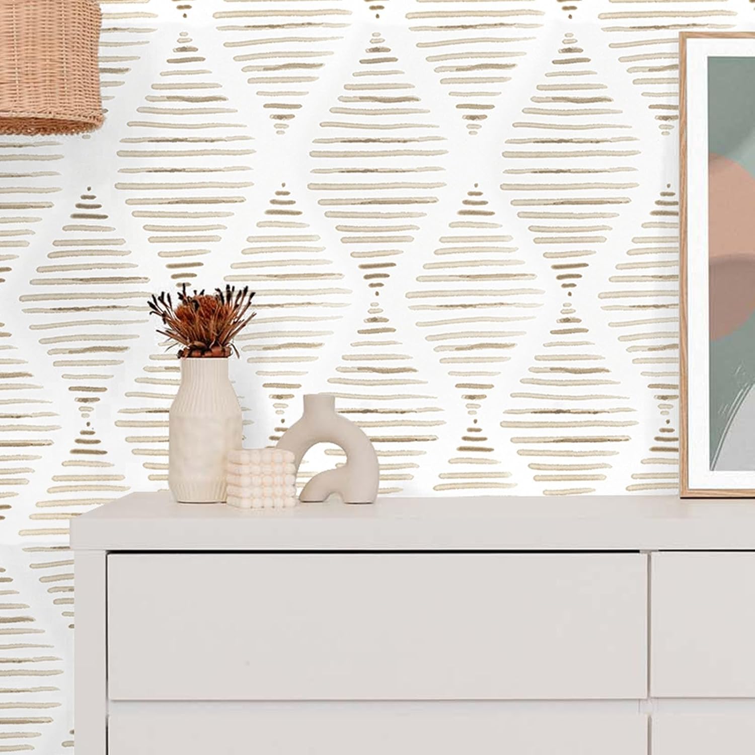 Modern Beige and White Wallpaper 17.3"×480" Geometric Stripe Peel and Stick Wallpaper Contact Paper Removable Self Adhesive Vinyl Wall Paper for Living Room Bedroom