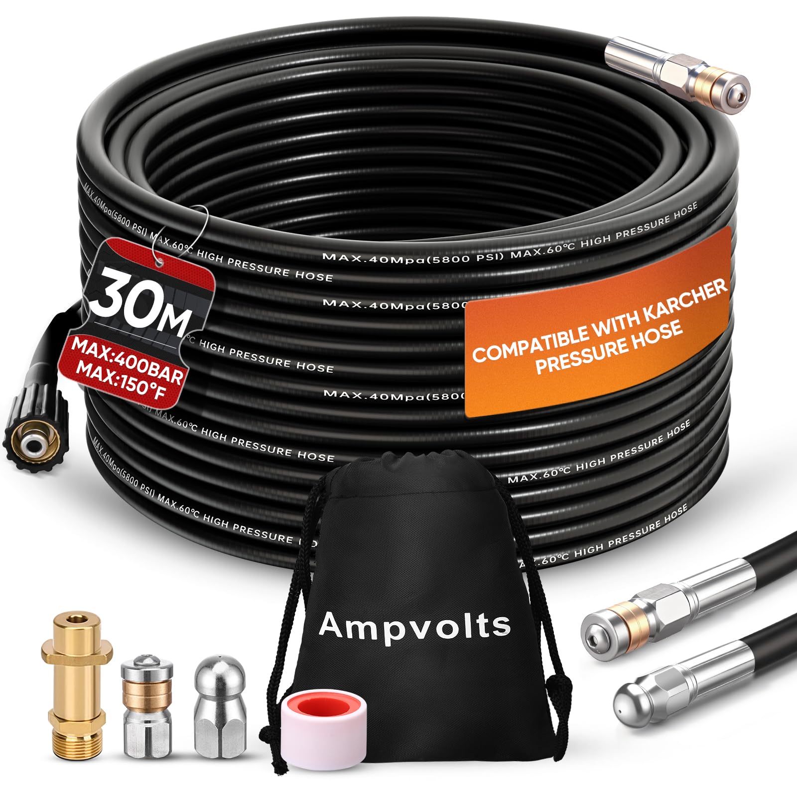 Déboucheur Canalisation Haute Pression 30m – 400 bar / 5800 PSI, compatible avec nettoyeurs Karcher K2–K7, avec adaptateur et 2 buses, nettoyage canalisations