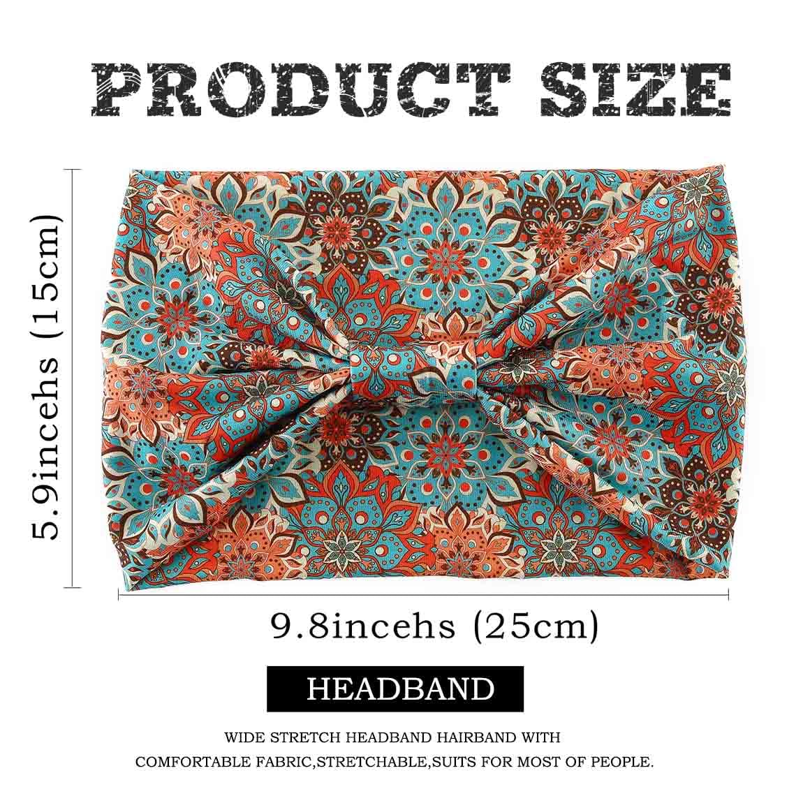 Acenail Breite Stirnbänder für Damen, Boho-Turban, geknotetes Stirnband, Blumenmuster, elastisch, rutschfest, für Workout, Yoga, Kopftuch, Bohemian-Stil, modisches Haarzubehör für Damen, 4 Stück