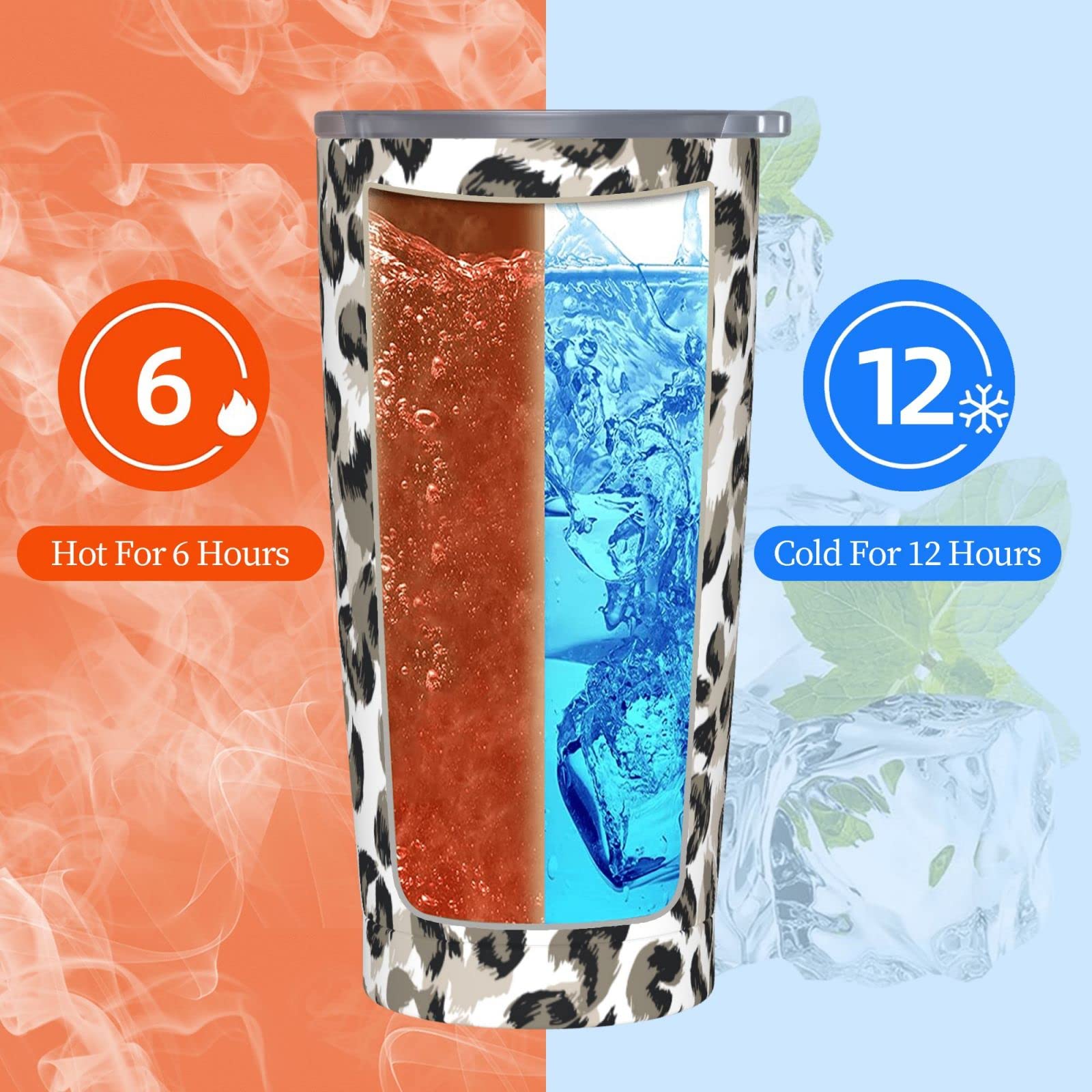 Gobelet Isotherme 500ml Imprimé Léopard - Acier Inox 304 Avec Couvercle Et Paille | Tasse Café Voyage