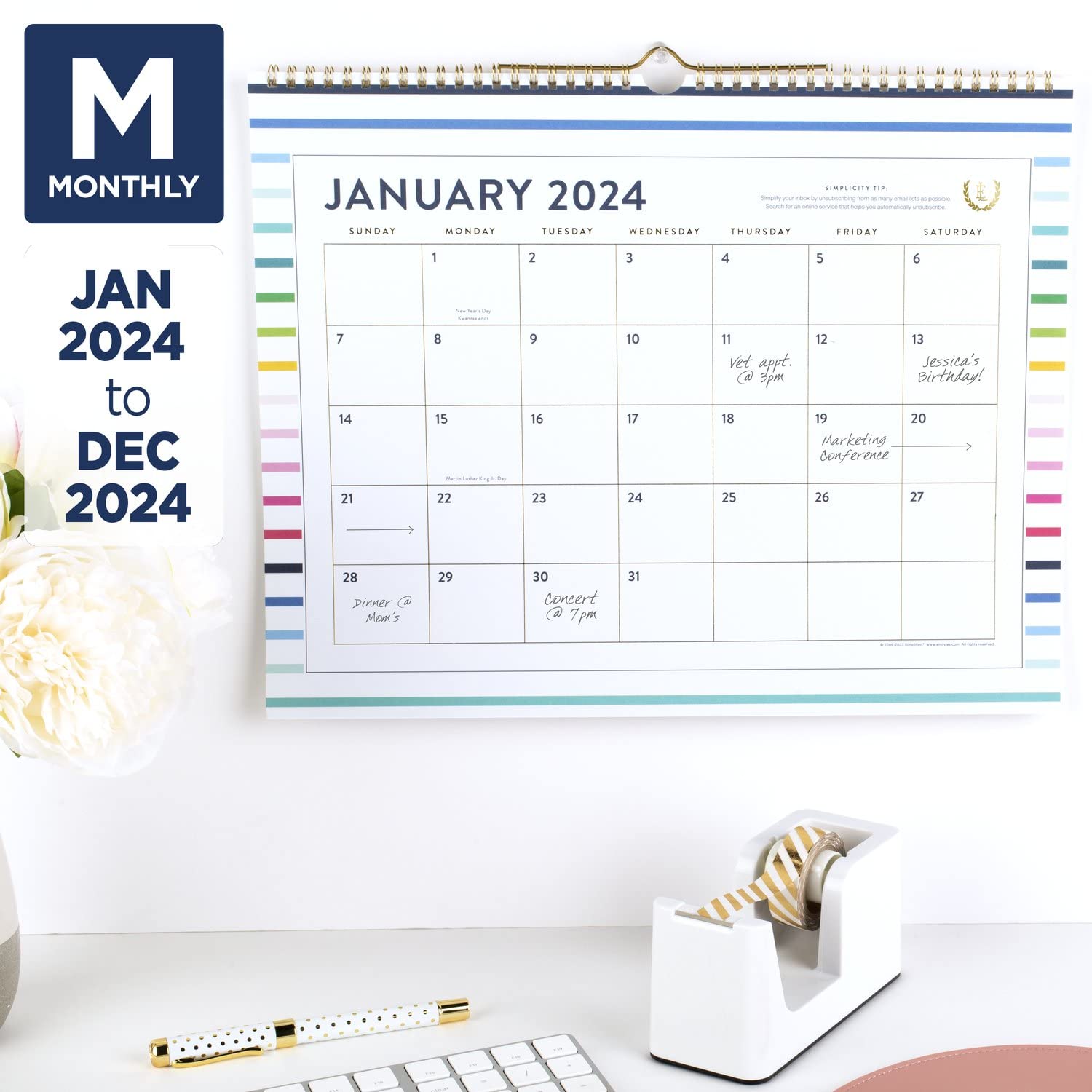 Calendario de pared 2024 simplificado por Emily Ley para AT-A-GLANCE, mensual, 15 x 12 pulgadas, mediano, Happy Stripe (EL16-707-24)