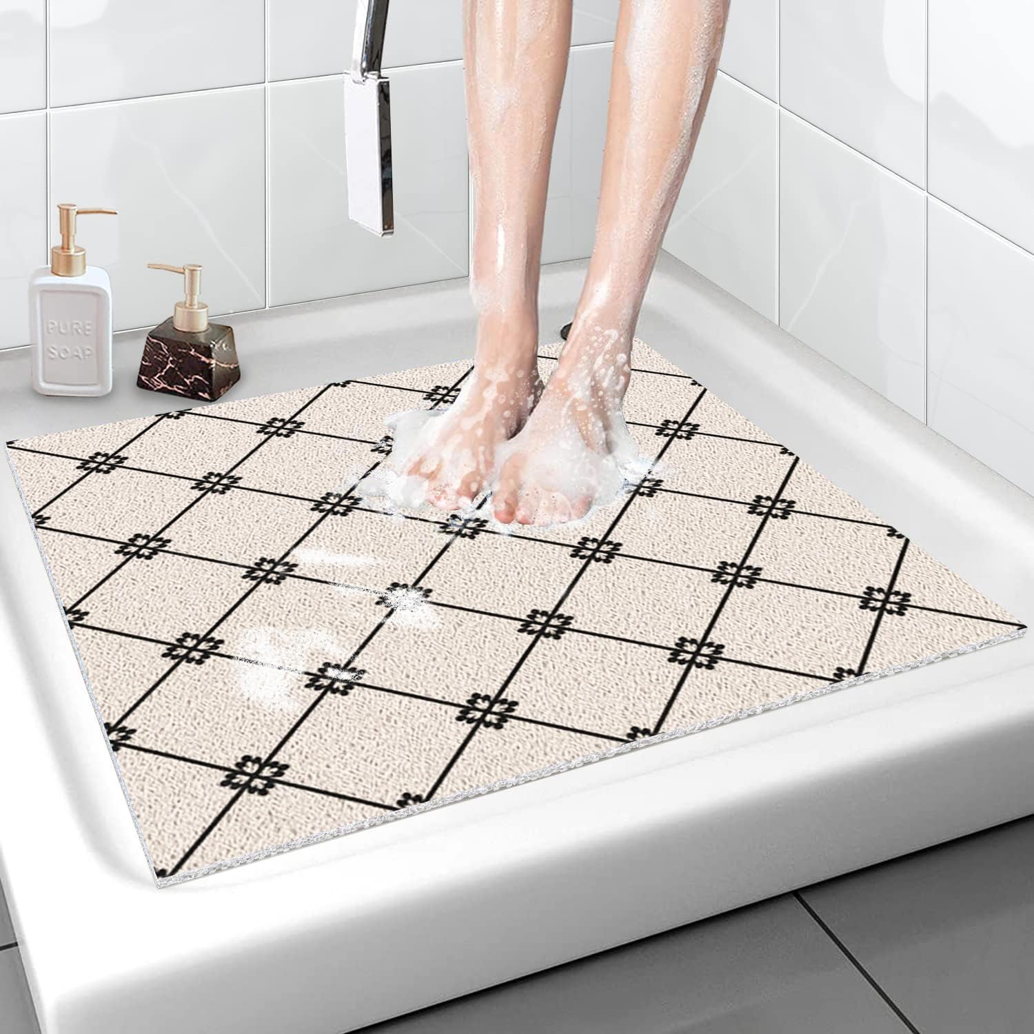 Mateju Alfombra Baño Ducha Cuadrada Antideslizante, Alfombra Baño Interior de Lufa Secado Rapido - Suave y Cómoda para Dentro Duchasalir de la Ducha (Clásico,60 * 60cm)