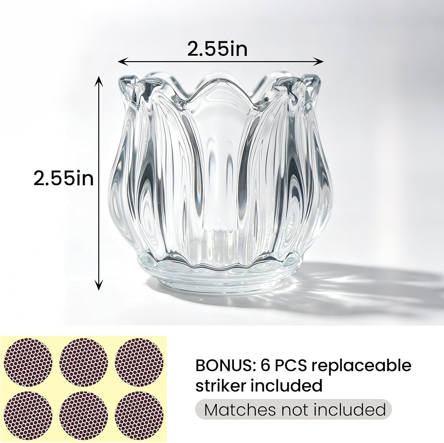 Matches Holder with Striker;Glass Matches Holders, Elegant Petal-Shaped Match Holder, Perfect for Decorating Restaurants, Fireplaces, and Bathrooms. Matche Not Included.