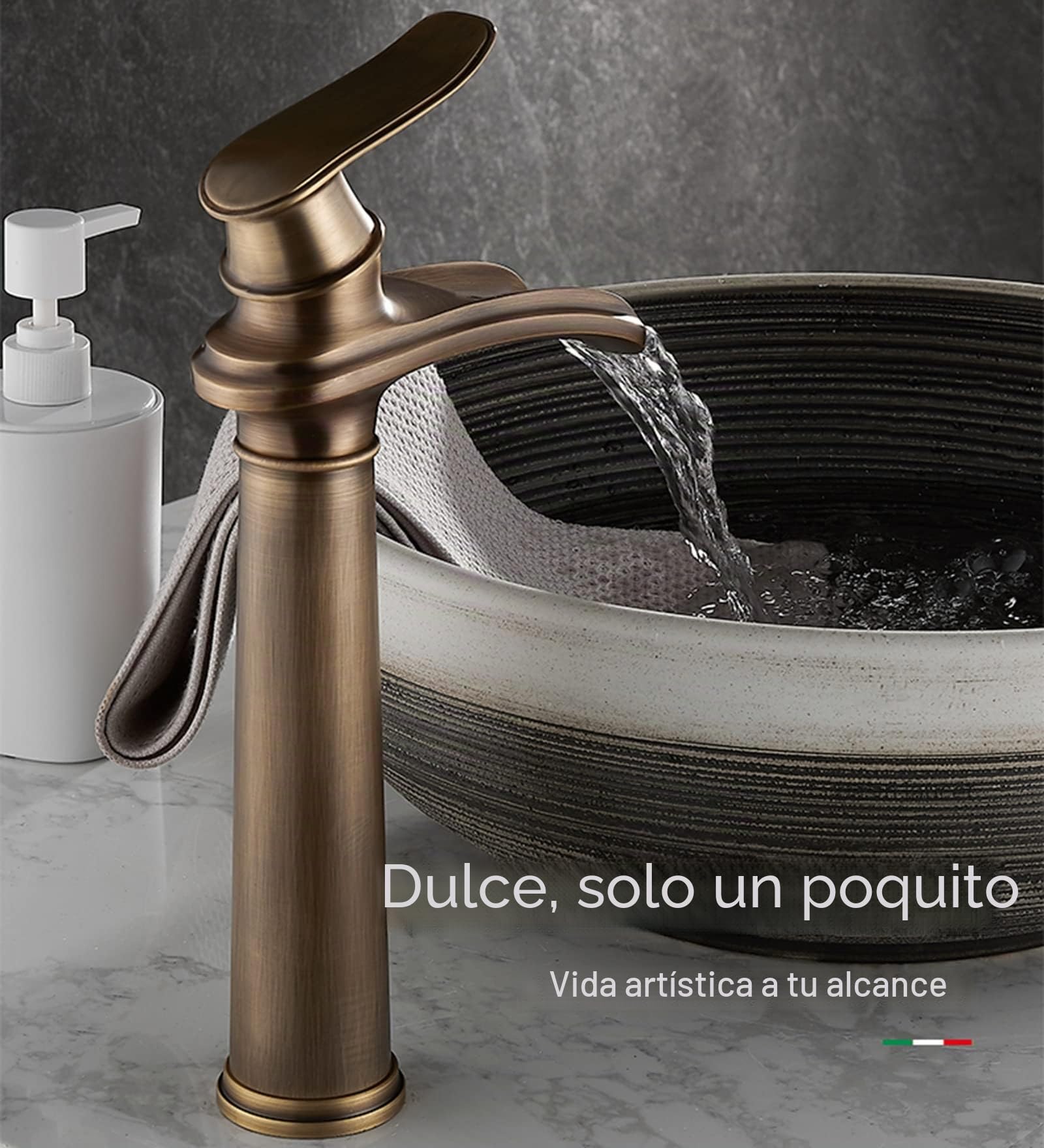Grifo Lavabo Cascada Negro, Grifo Alto Lavabo, Grifos Mezclador De Baño De Latón Monomando, Grifo De Baño De Diseño Elegante, Función Frío Y Caliente (bronce retro-alto)