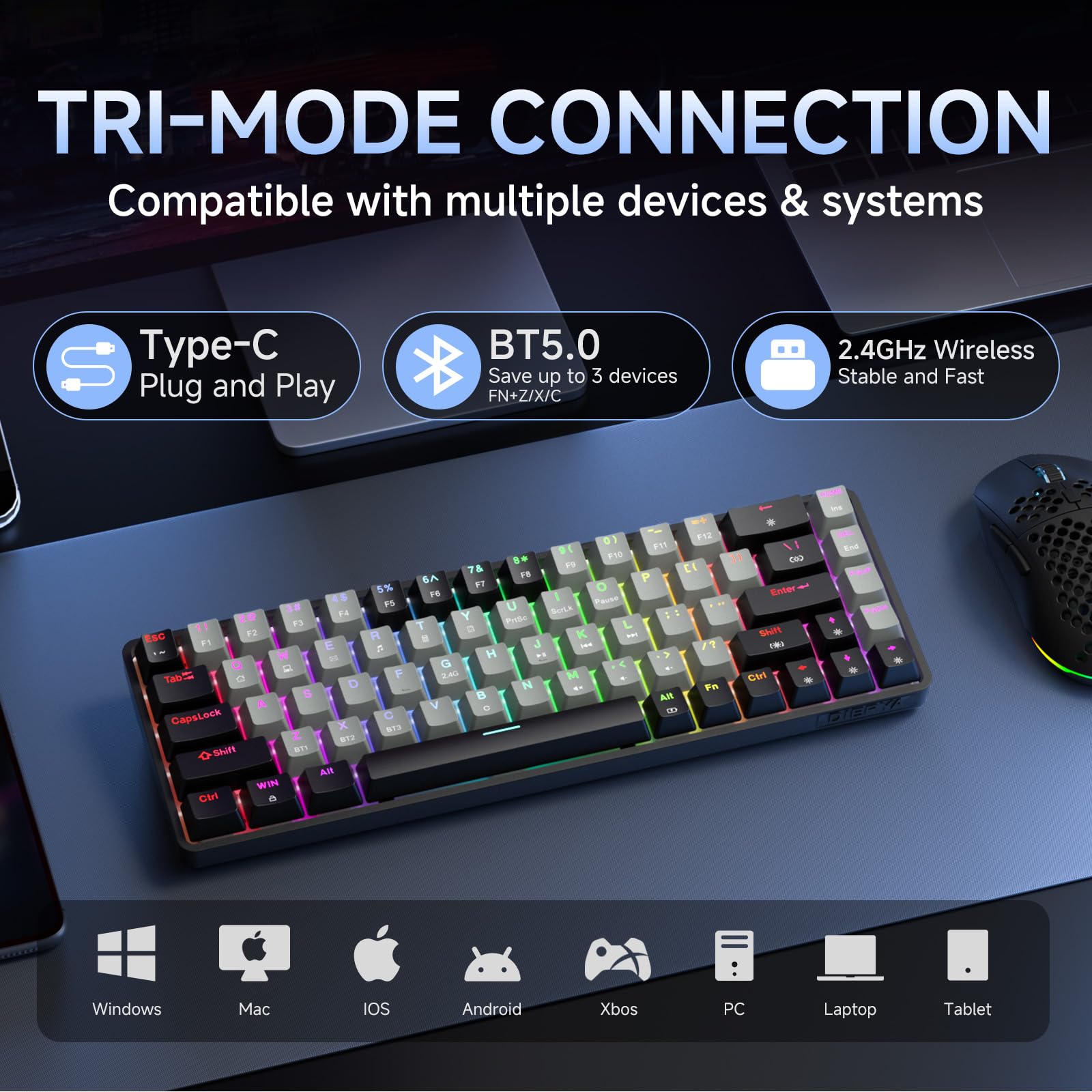 Dierya DK68 Tastiera Gaming Wireless,60% Tastiera Meccanica Bluetooth/2.4G/USB-C RGB,Interruttore Rosso,Double-Shot ABS Keycaps Compatibile con Win/Mac,Grigio nero-A(Layout US,QWERTY)