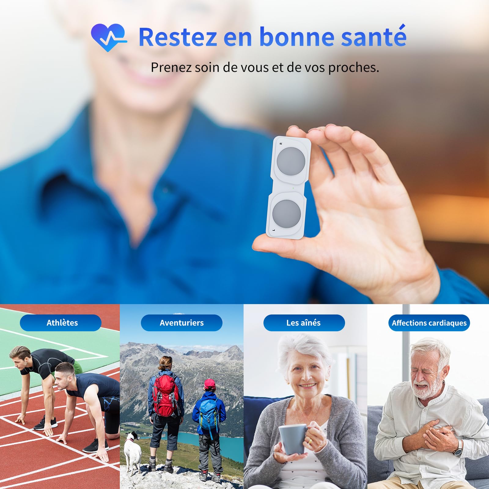 Moniteur ECG mobile, appareil ECG personnel, détecte la fibrillation auriculaire, la bradycardie ou la tachycardie en 30 secondes, moniteur de fréquence cardiaque, application pour iOS/Android