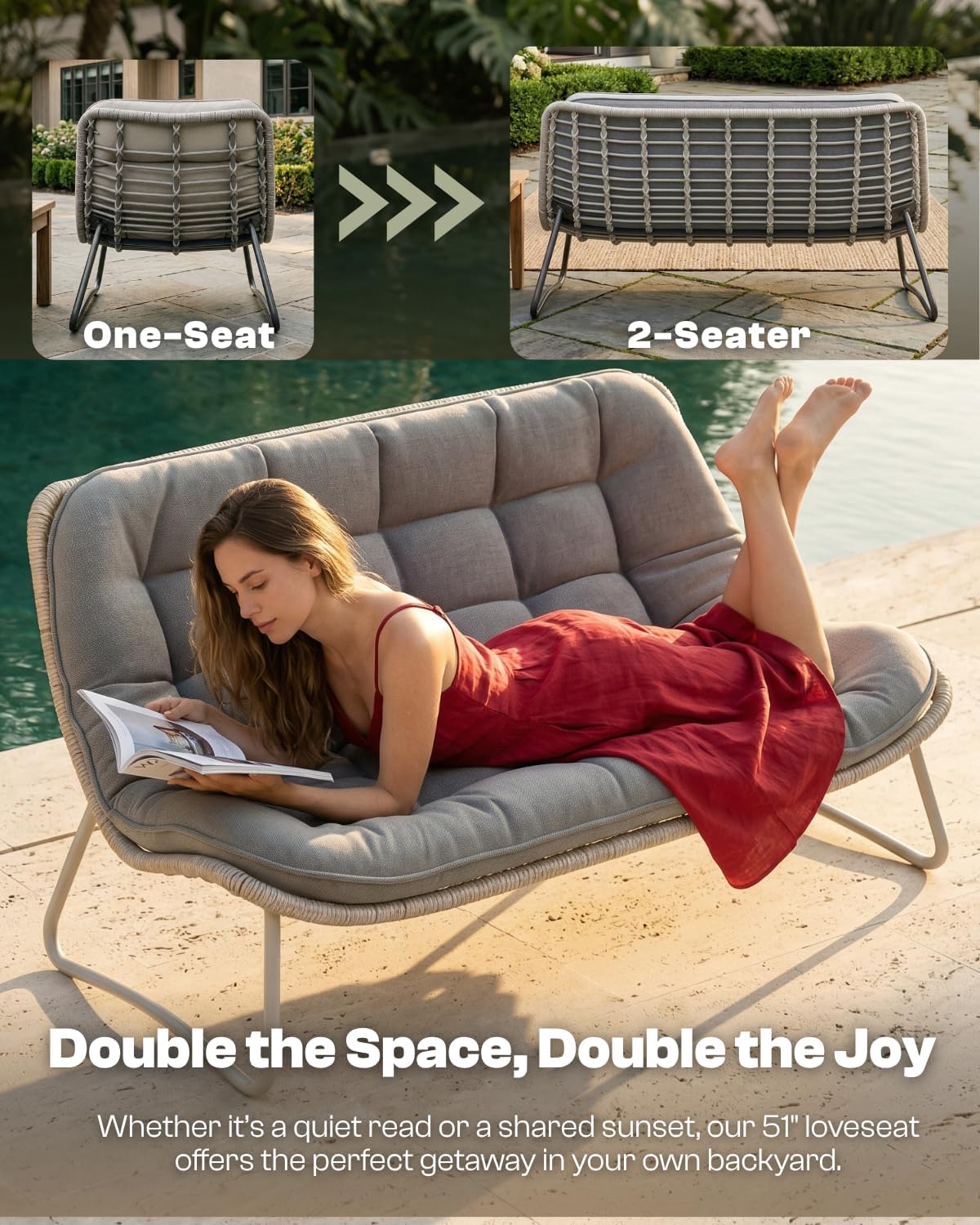 Patio Loveseat, Comfy Oversized Double Papasan Chair with Thick Cushion, 2 Person Boho Wicker Armless Small Outdoor Couch for Balcony, Sunroom, Bedroom and Porch (Grey)