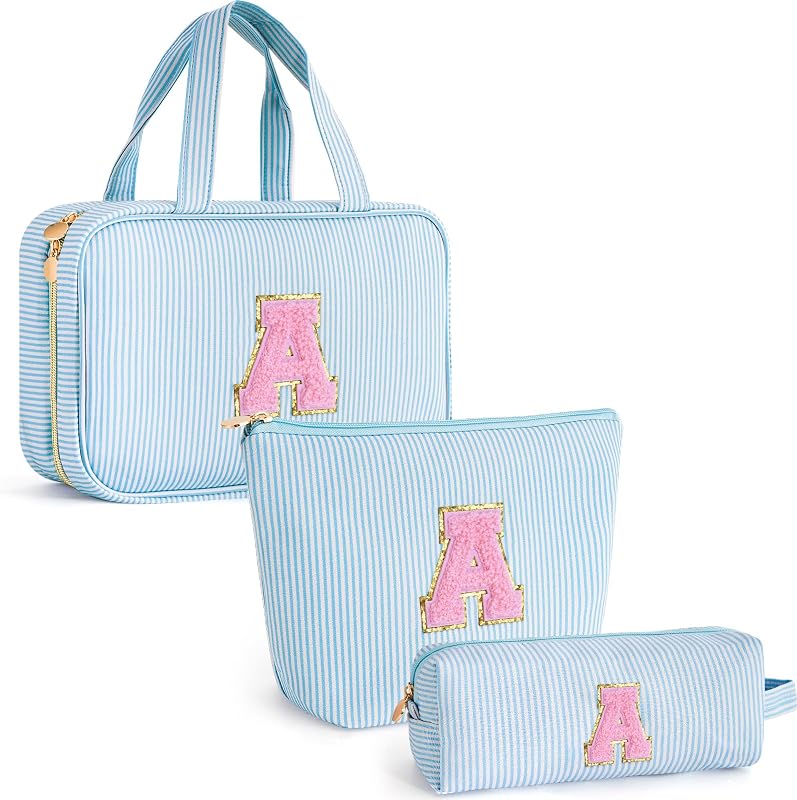 Necessaire de viagem Fystdtote personalizada com inicial, conjunto azul estilo A, pacote com 3