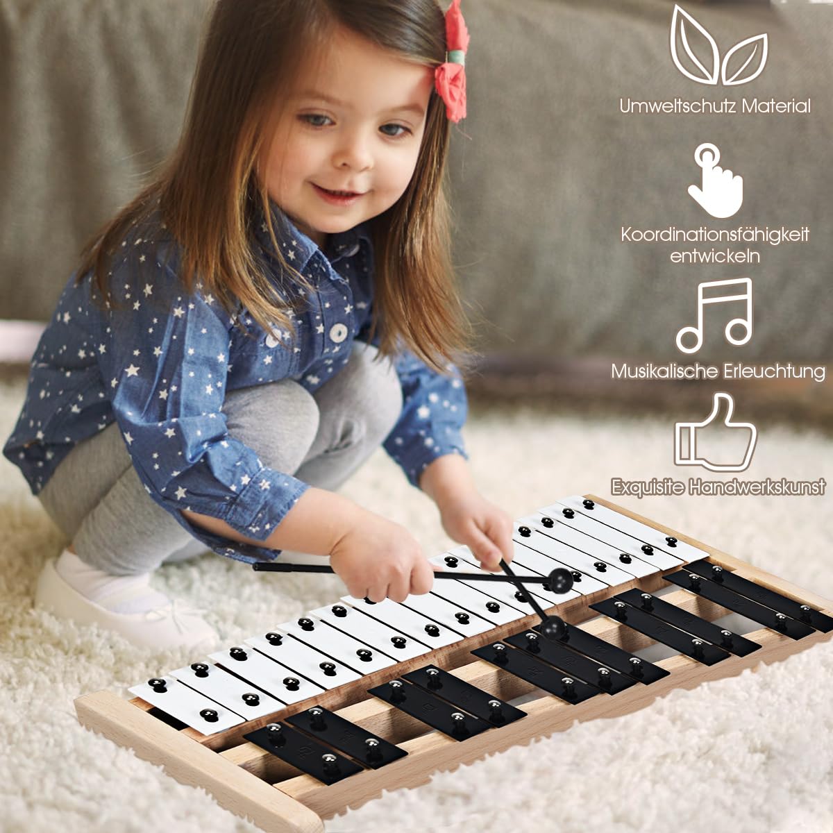 COSTWAY Xylophon 27 Noten Glockenspiel Handpercussion mit 2 Schlägeln & Tragetasche, Percussion Schlaginstrument Holzsockel und Metalltasten