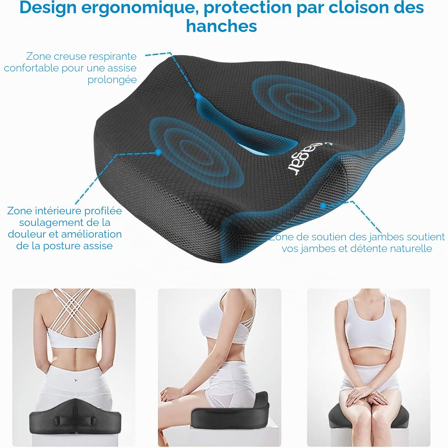 Feagar Coussin de Chaises en Mousse à Mémoire - Coussin Coccyx Ergonomique pour Siège Voiture Auto Conducteur Fauteil Bureau Fauteuil Roulant,Coussin Sciatique,Coussin d Assise,Noir