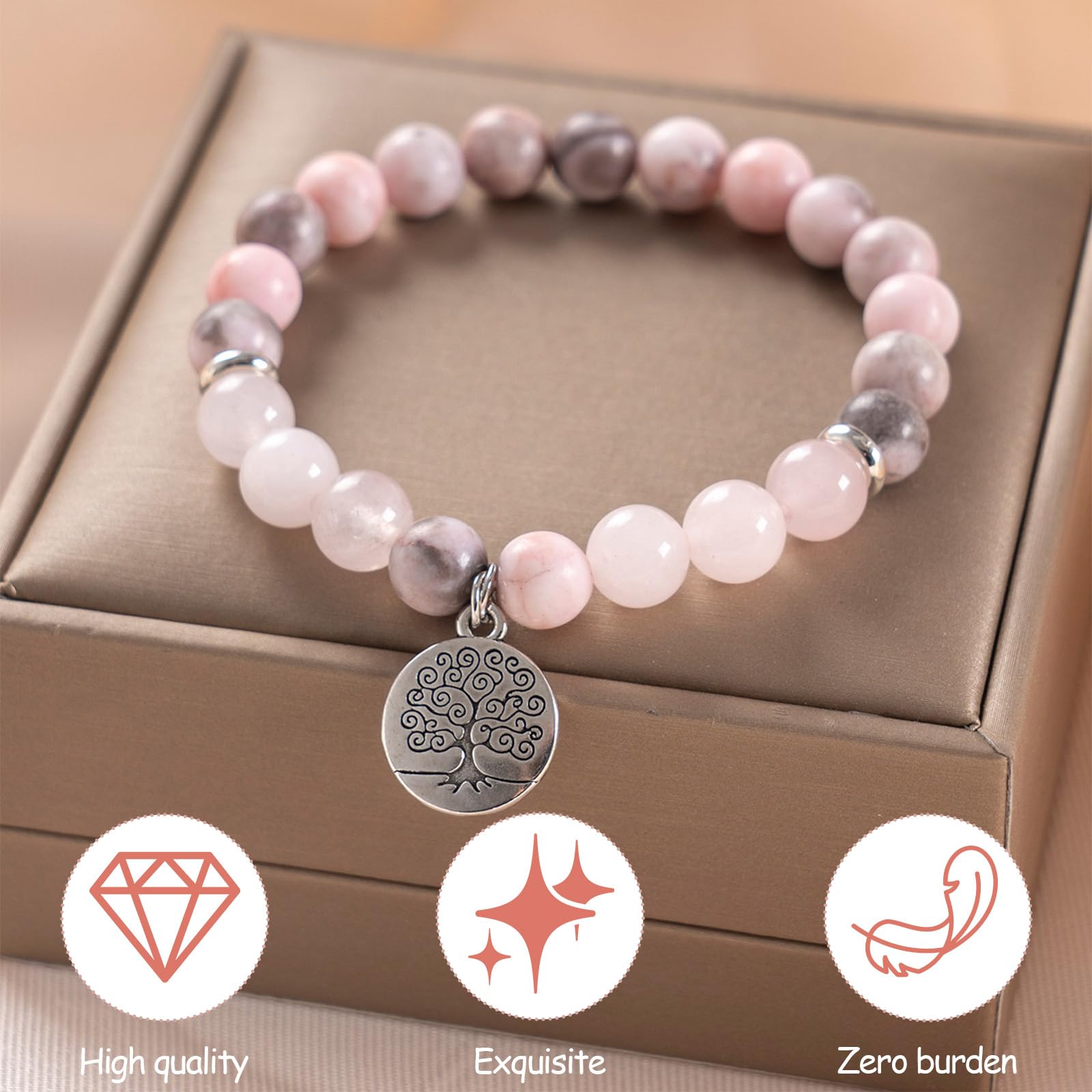 8 mm Beaded Healing Stones Rose Quartz Pink Zebra Jade Bransoletka dla kobiet, bransoletka z kamieni leczniczych do jogi i czakry, dla kobiet, par i przyjaźni