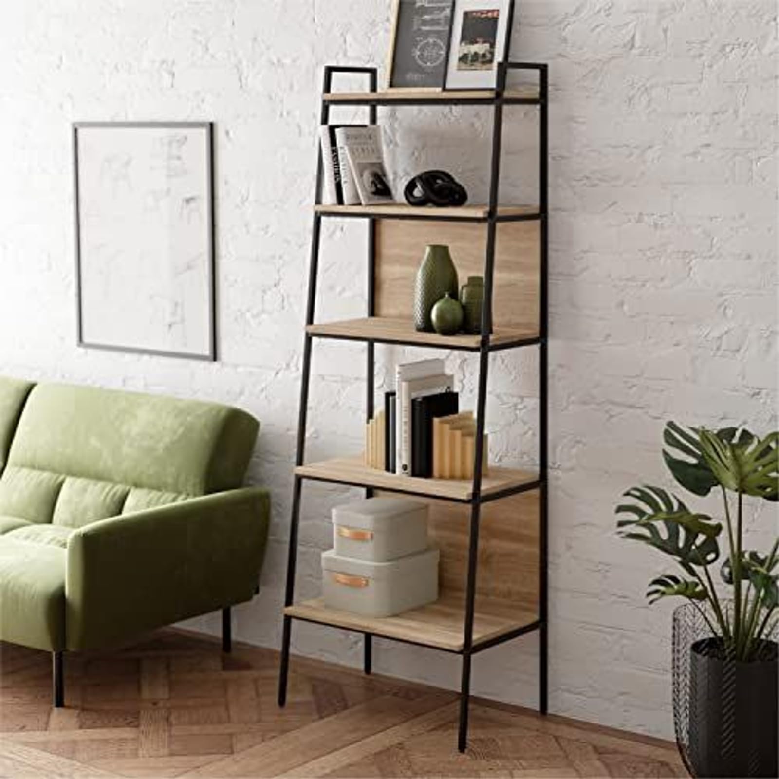 stead 5-tier ladder bookshelf - oak - industrial farmhouse decor - plant stand & record player shelf - holds books & decor - industrial 5 tier ladder shelf vintage