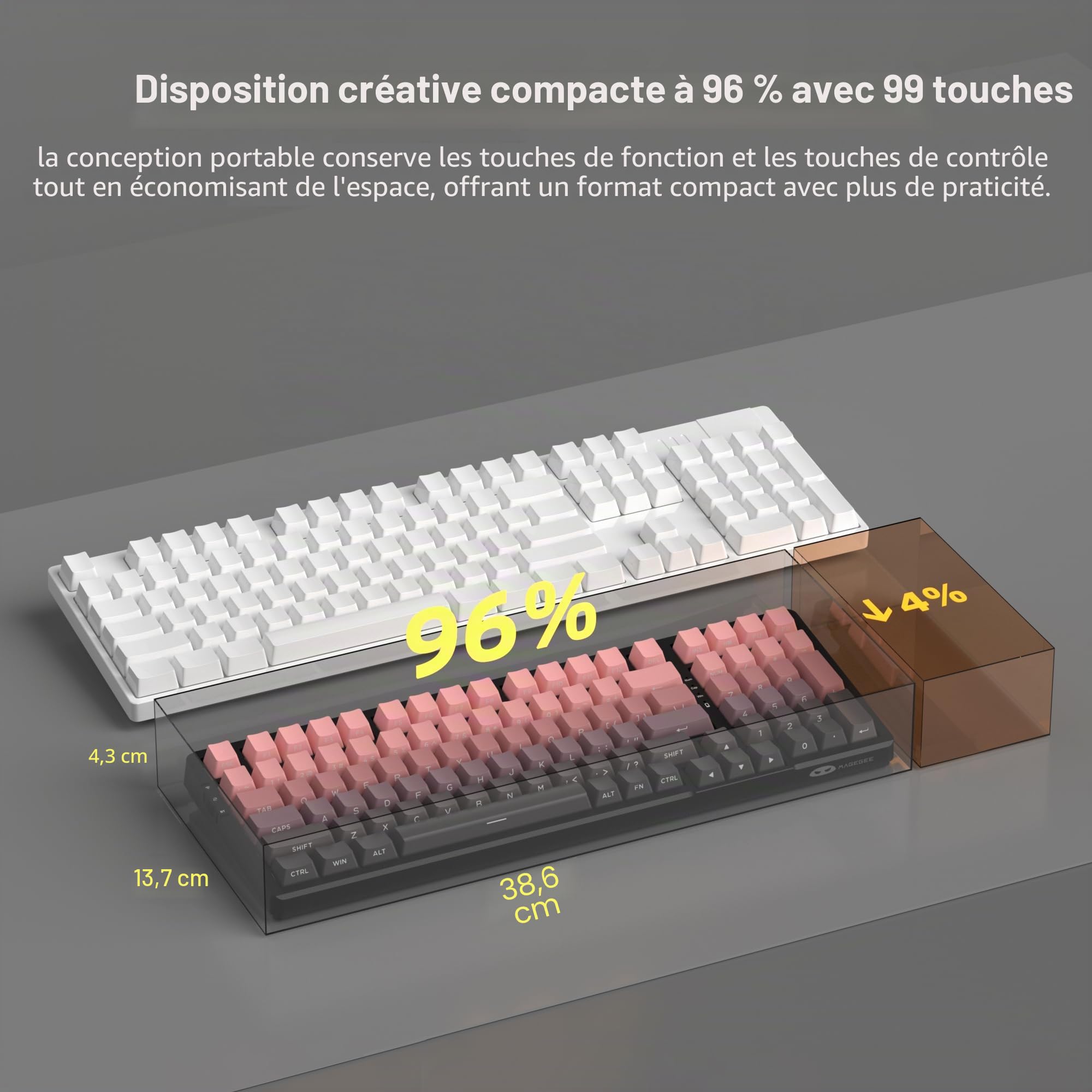 MageGee Clavier Gamer Mécanique | Clavier sans Fil Gamer Mécanique pour PC, PS5 | Structure Gasket, 2.4G/USB-C/BT5.0, Rétroéclairage RGB, Keycaps PBT à Impression Latérale