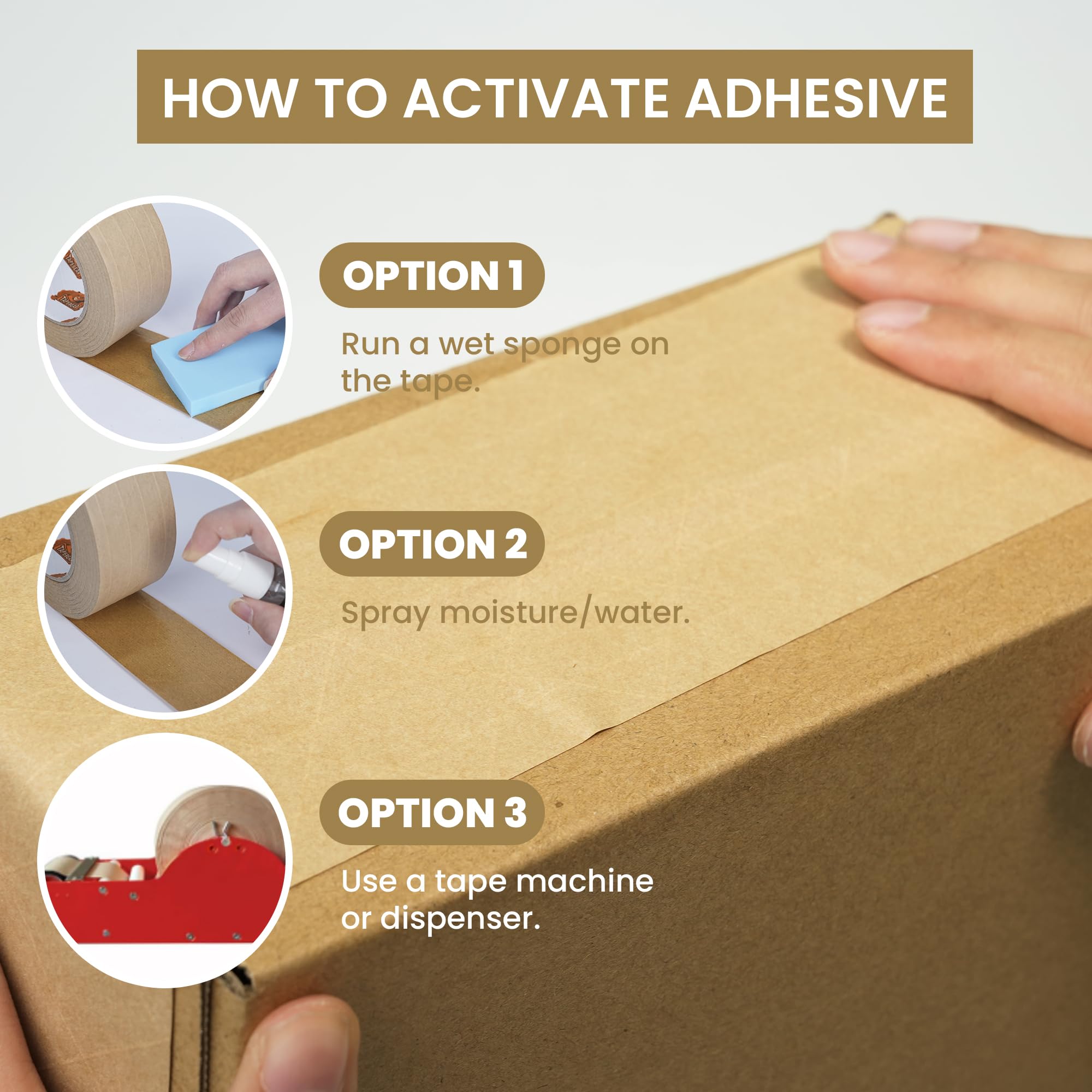TAPEBEAR Cinta Gomizada Reforzada Activada con Agua, 50mm x 50m, Papel Kraft | Cinta de papel kraft ecológica biodegradable marrón para sellado de seguridad, embalaje y envío resistentes, 3 rollos