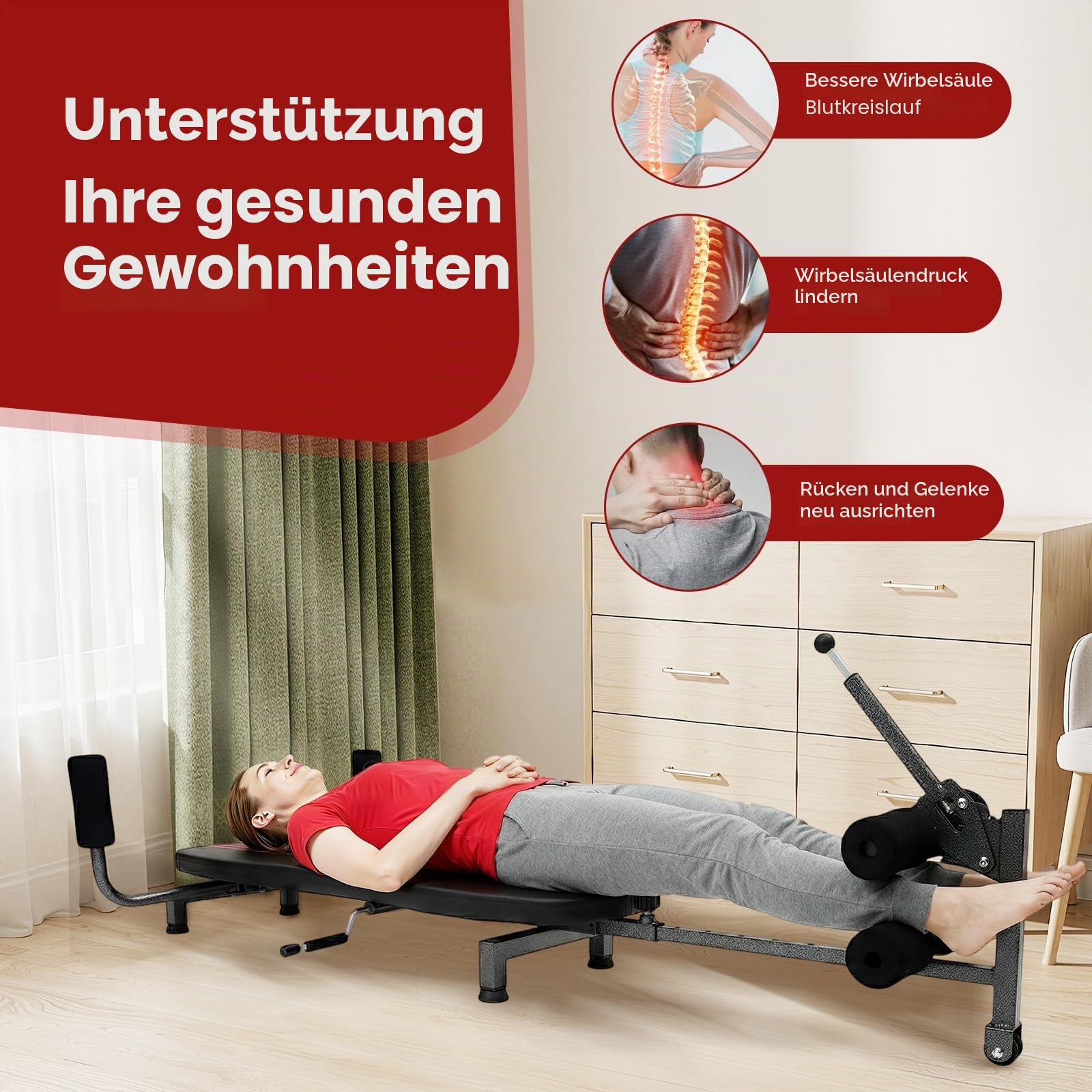 Rückenstreck-Traktions-Inversionstisch | Klappbarer Schwerkrafttrainer | Mobile Rückenstreck Streckbank | Zervikales Holz Wirbelsäule Rücken Stretcher | Rückenstrecker Tragfähigkeit: 150kg
