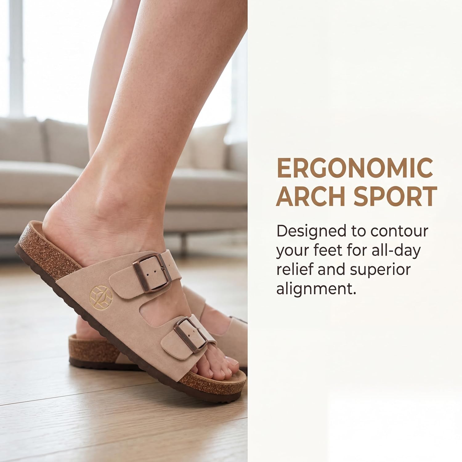Women's Faux Leather Flat Sandals with Cork Footbed and Arch Support, Adjustable Strap, Soft Cushion, Comfortable Summer Walking Beach Slides Vacation Essentials