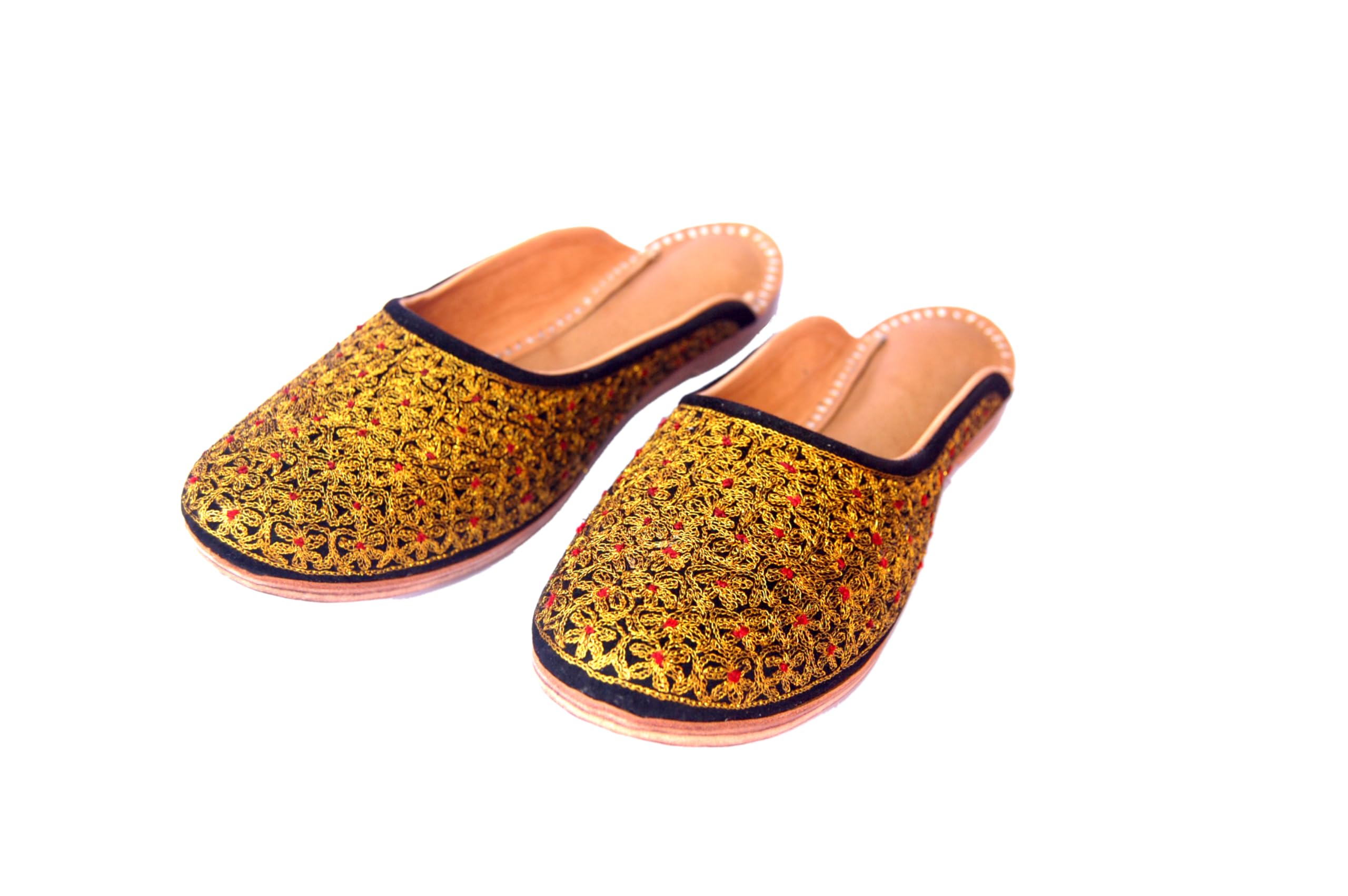 Golden Zari Embroidered Leather Flat Mules with Maroon Silk Thread Dots on Black Velvet for Women-image-39
