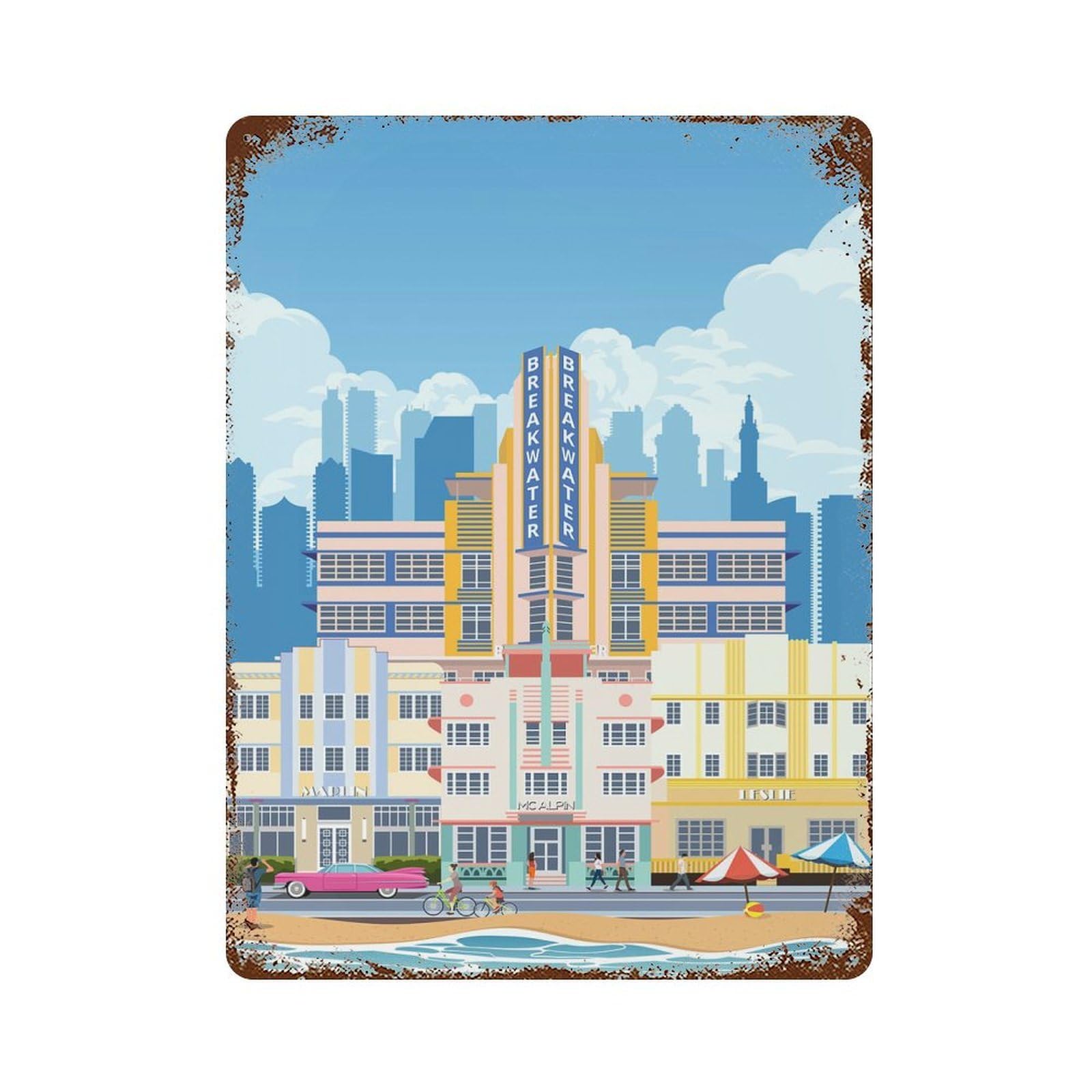Garage Style Miami Beach Travel Print Vintage Metal Tin Sign 15.7"x11.8", Rustic Home Decor for Bar And Workshop