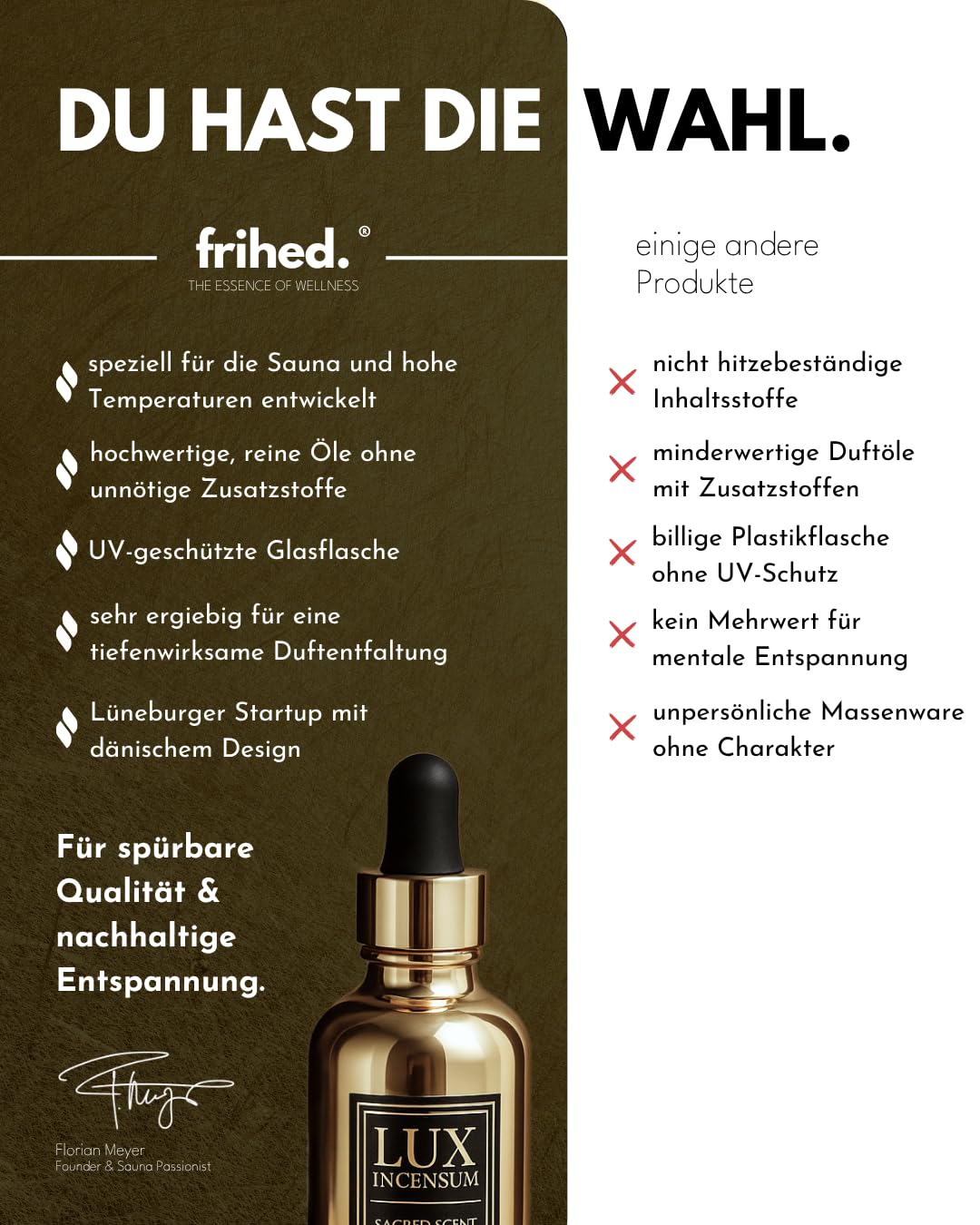 frihed.® Saunaaufguss mit Weihrauch – Sauna Duft erdig & warm – luxuriöser Aufguss für alle Sauna Arten – hochwertiges Aufgussmittel mit Pipette – Saunaöl – Wellness Geschenk Made in Germany (100 ml)