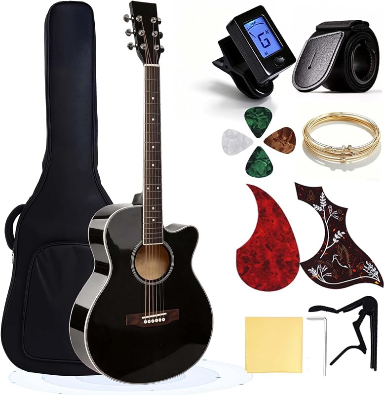 41" Acoustic Guitar for Beginner Adult Full Size Cutaway, Black | Guitarra Starter Kit with Gig Bag,Extra Strings,Strap,Picks,Capos,Tuner