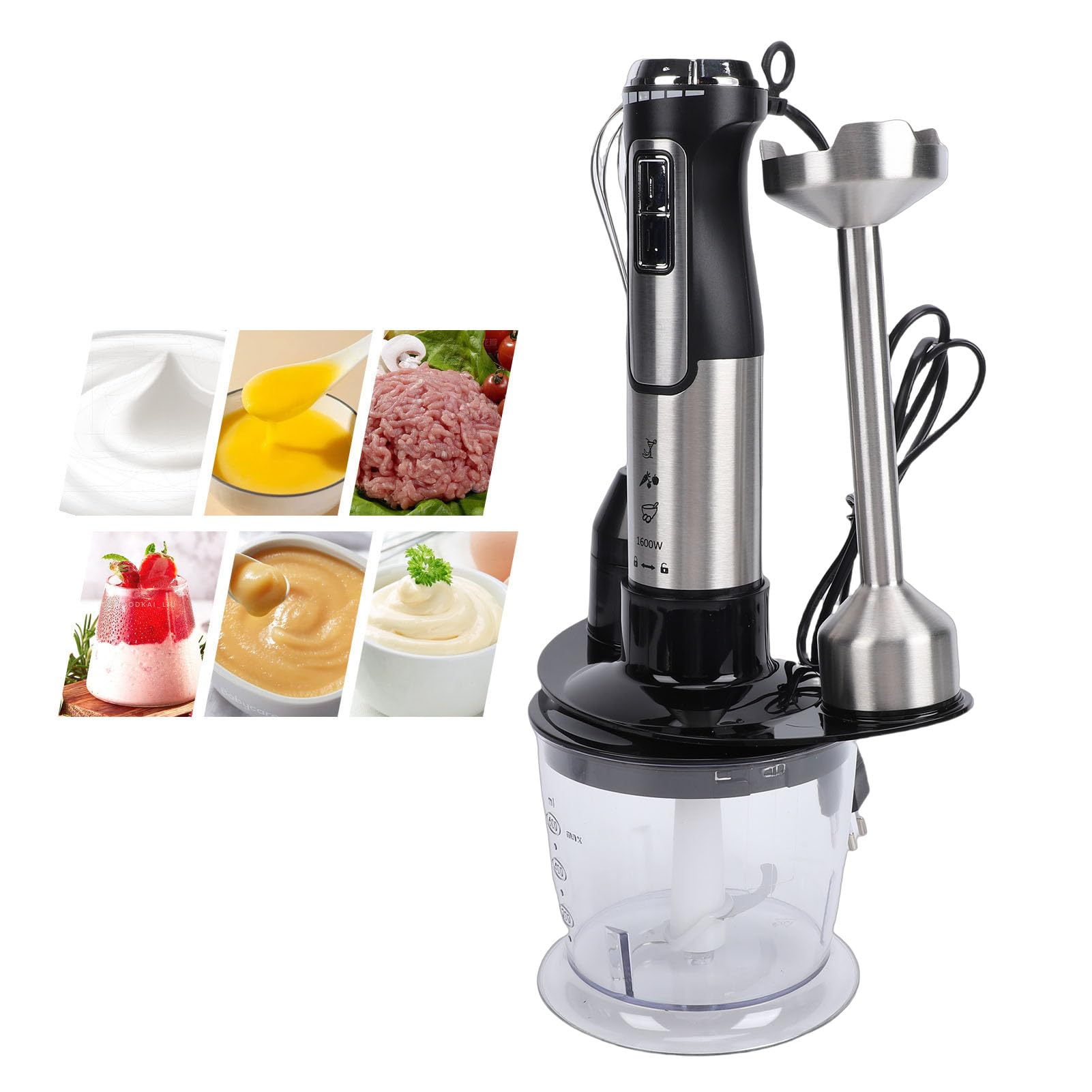 GLOGLOW Batidora de Inmersión, Acero Inoxidable, Batidora de Mano de 1600 W para Preparación de Sopas y Alimentos para Bebés, Procesador de Alimentos Portátil 5 en 1 para Jugos y (UE 220-240v)