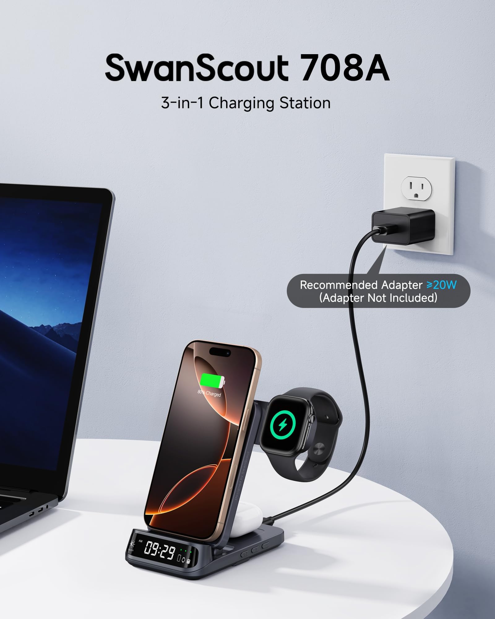 Chargeur Induction 3 en 1 Pliable pour iPhone 17, iWatch 11, AirPods | Écran incurvé élégant, horloge LED variable, pliable et portable, protections multiples, sans adaptateur, SwanScout 708A