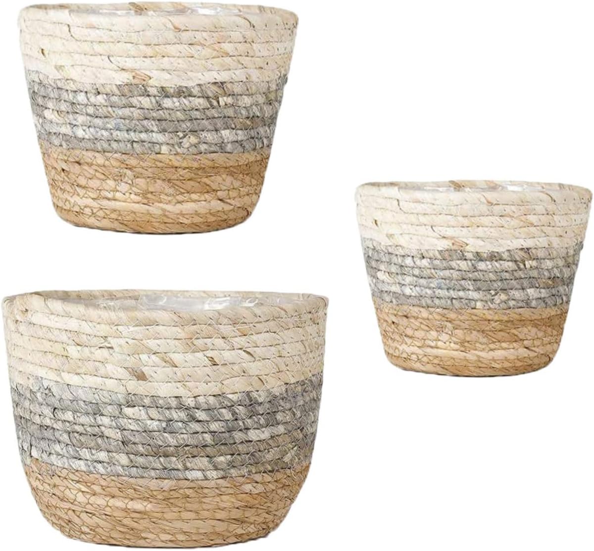 Yardwe 3pcs Hand-Woven Decorative Grass Flower Pot Basket Set Assorted s for Indoor Plants Natural Rustic Storage for Home Decor