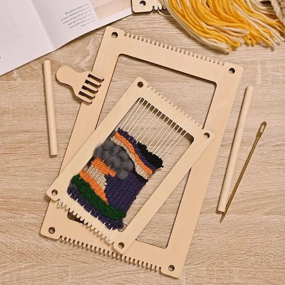 Curious Button Pack of 6 Wooden MDF Weaving Loom Kit | 2 Sizes Weaving kit, Shuttle & Comb | DIY Hand Weaving Tool for Kids & Adults – Craft, Art & Textile Projects Weaving Loom kit