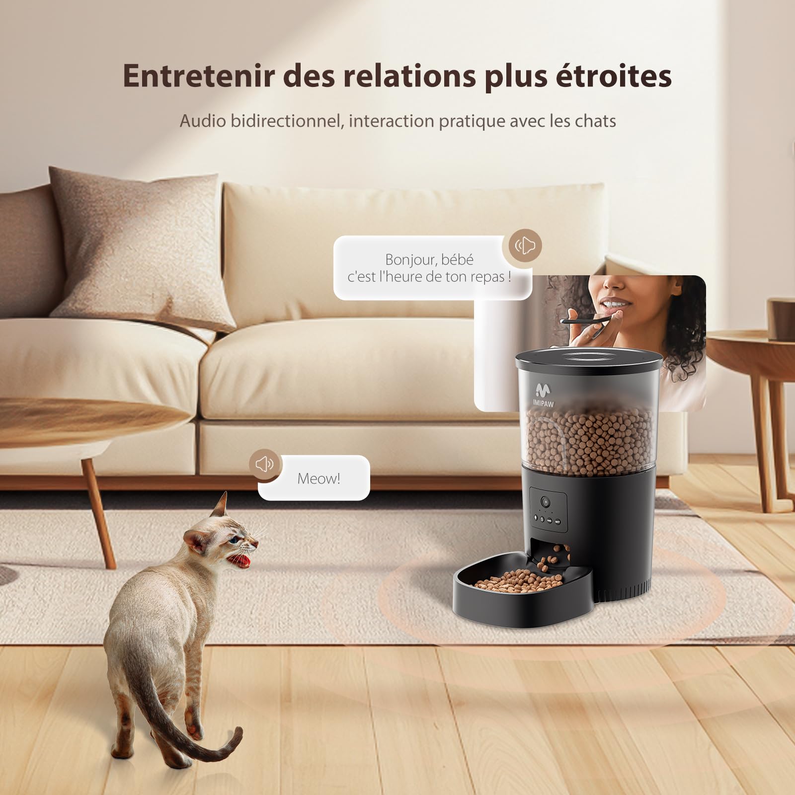 IMIPAW Distributeur Croquettes Chat Automatique avec Caméra 1080P, WiFi 2.4G | 5G, Contrôle Via App – Programmation 1 à 8 Repas/Jour, Enregistrement Vocal 10s, Vidéo Audio en Direct