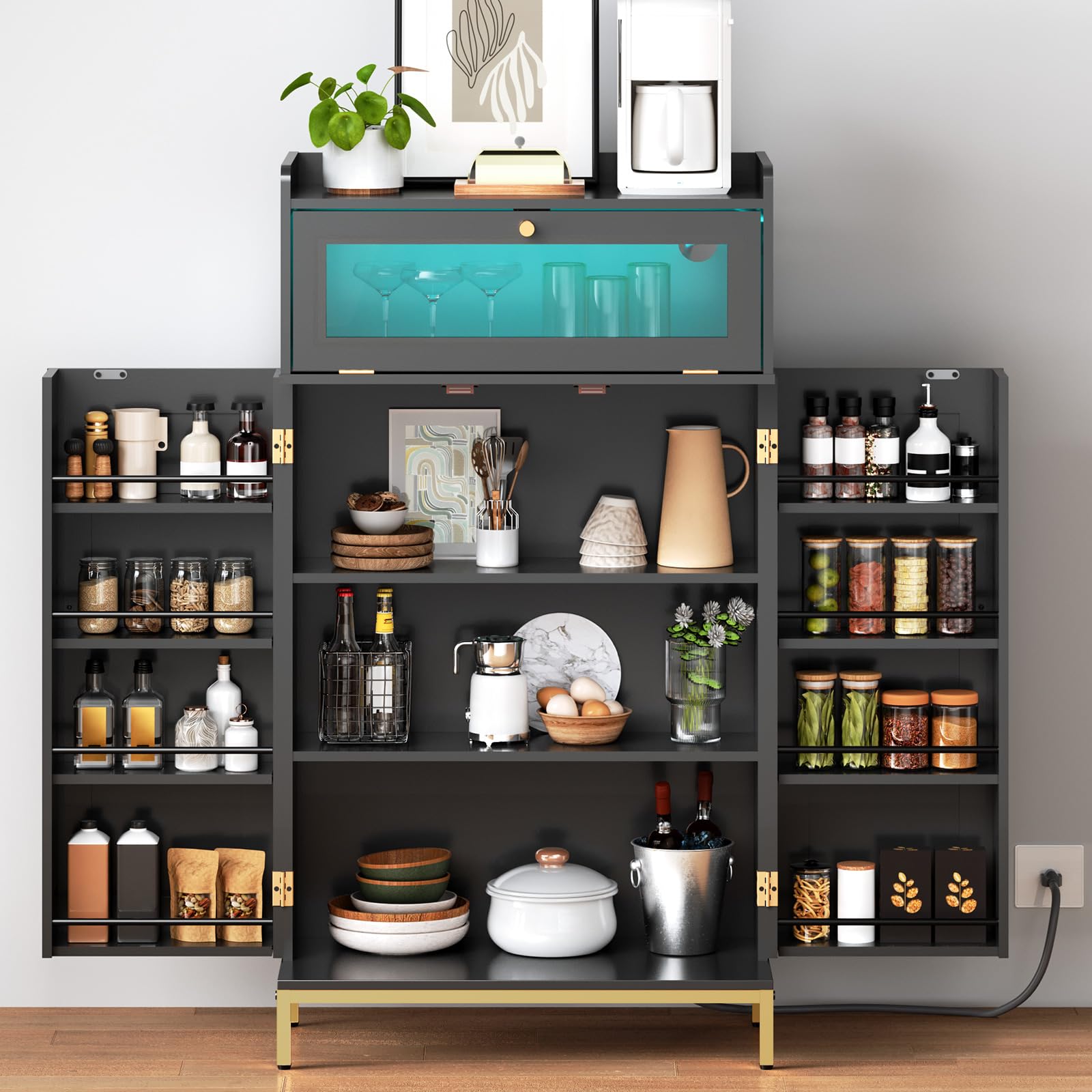 Kitchen Pantry Cabinet with Charging Station, LED Kitchen Cabinet, Large Capacity Pantry Cabinet, Sturdy Metal Support and Acrylic Drawer Door, for Kitchen, Black and Gold DB22UDPC01