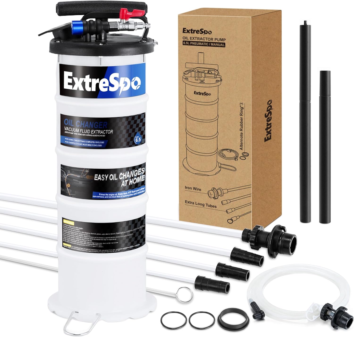 ExtreSpo 6.5L Pneumatic/Manual Oil Extractor, Fluid Extractor Pump with Pump Tank Remover & 4 Tubes for Oil Change and a Brake Bleeding Hose for Brake Fluid Change