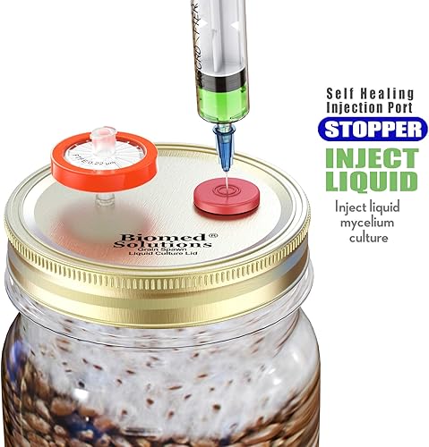 Miniatura 4 de 6 tapas de cultivo líquido de boca ancha, tapa de tarro de cultivo de grano dividido con filtro de jeringa de PTFE de 0.22 um y puertos de inyección