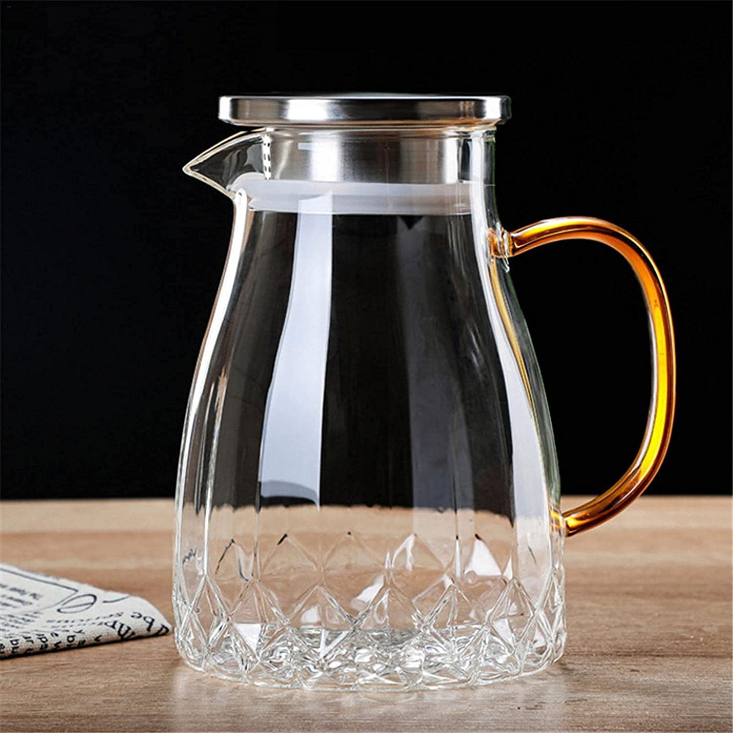 Jarra de agua, jarra de agua de vidrio de 1400 ml, jarras de agua de vidrio con tapas de acero inoxidable, jarra de agua resistente al calor, jarra de té helado para bebidas frías o calientes.