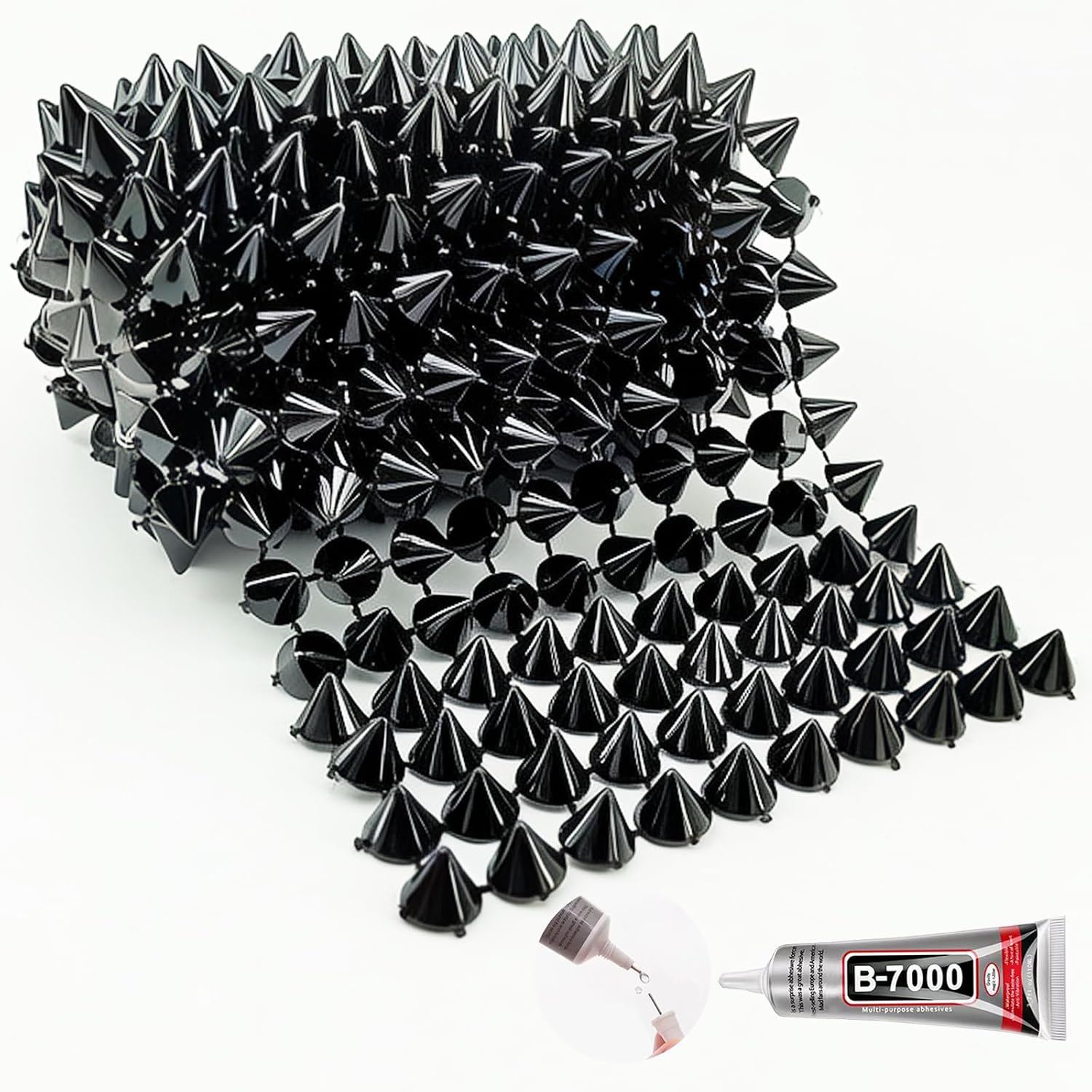 Spike for Crafts Stude for Clothing, 1/2 Yard Black Spike Stud with Glue, Cone Flatback Plastic Trim Mesh for Holloween Party Decoration Costume DIY Crafts
