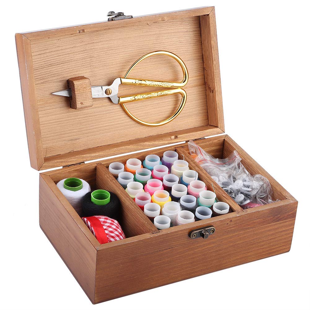 Scatola di cucito vintage multifunzione con archiviazione del filo, testa in legno di pino, strumento per maglia e cucito fai-da-te con motivo di ferro retrò (Tower set box)