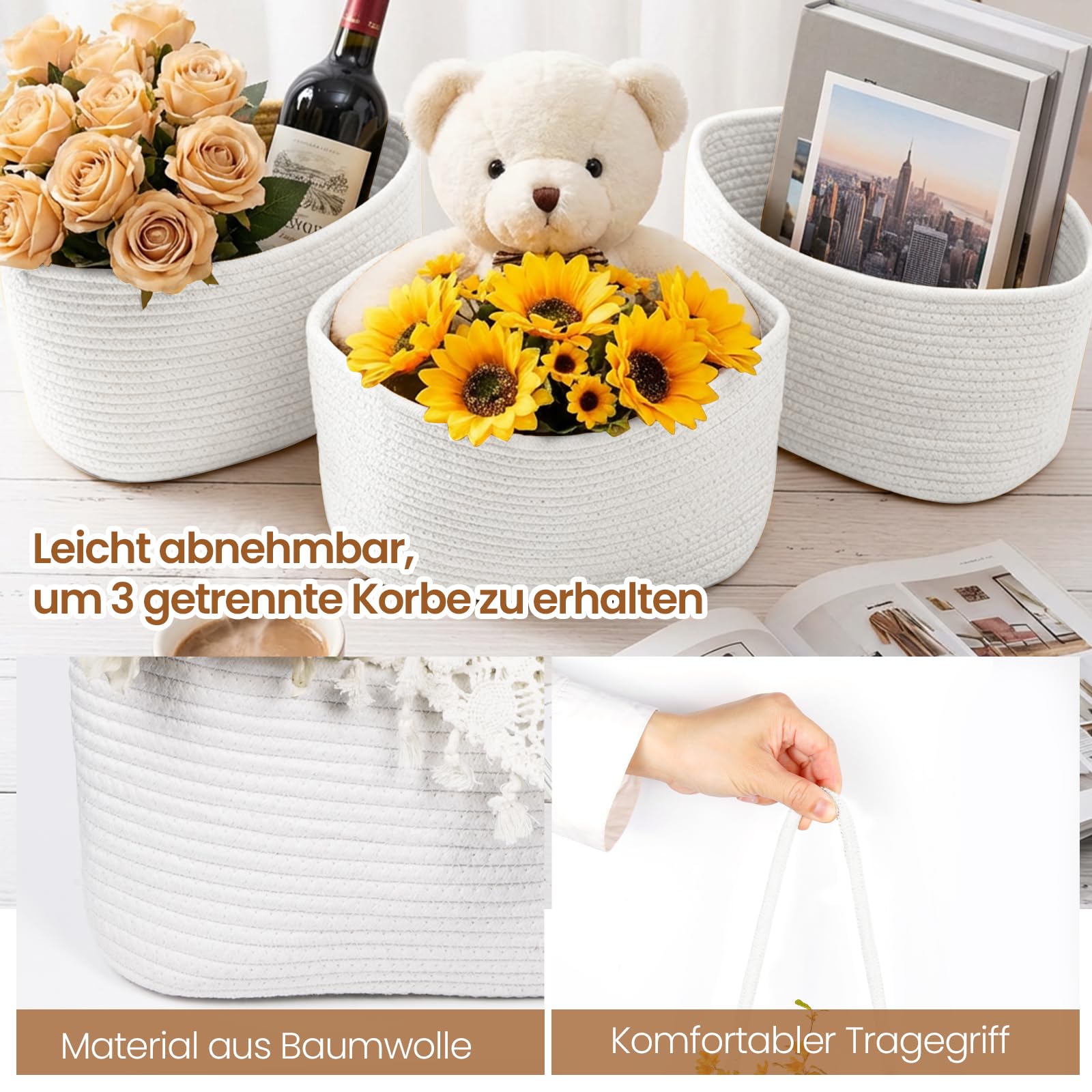 Hängender Organizer, Hängeorganizer Mit Haken, Wand Hängen Tasche Zum3-Tier, Hängeregal Stoff Wand aus Baumwollseil Gewebt, Für Wohnzimmer, Schlafzimmer, Bad, Kinderzimmer (Weiß)