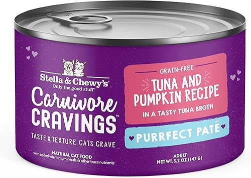 Stella & Chewy's Carnivore Cravings Purrfect - Alimento húmedo para gatos sin granos, rico en proteínas, receta de atún y calabaza, (latas de 5.2