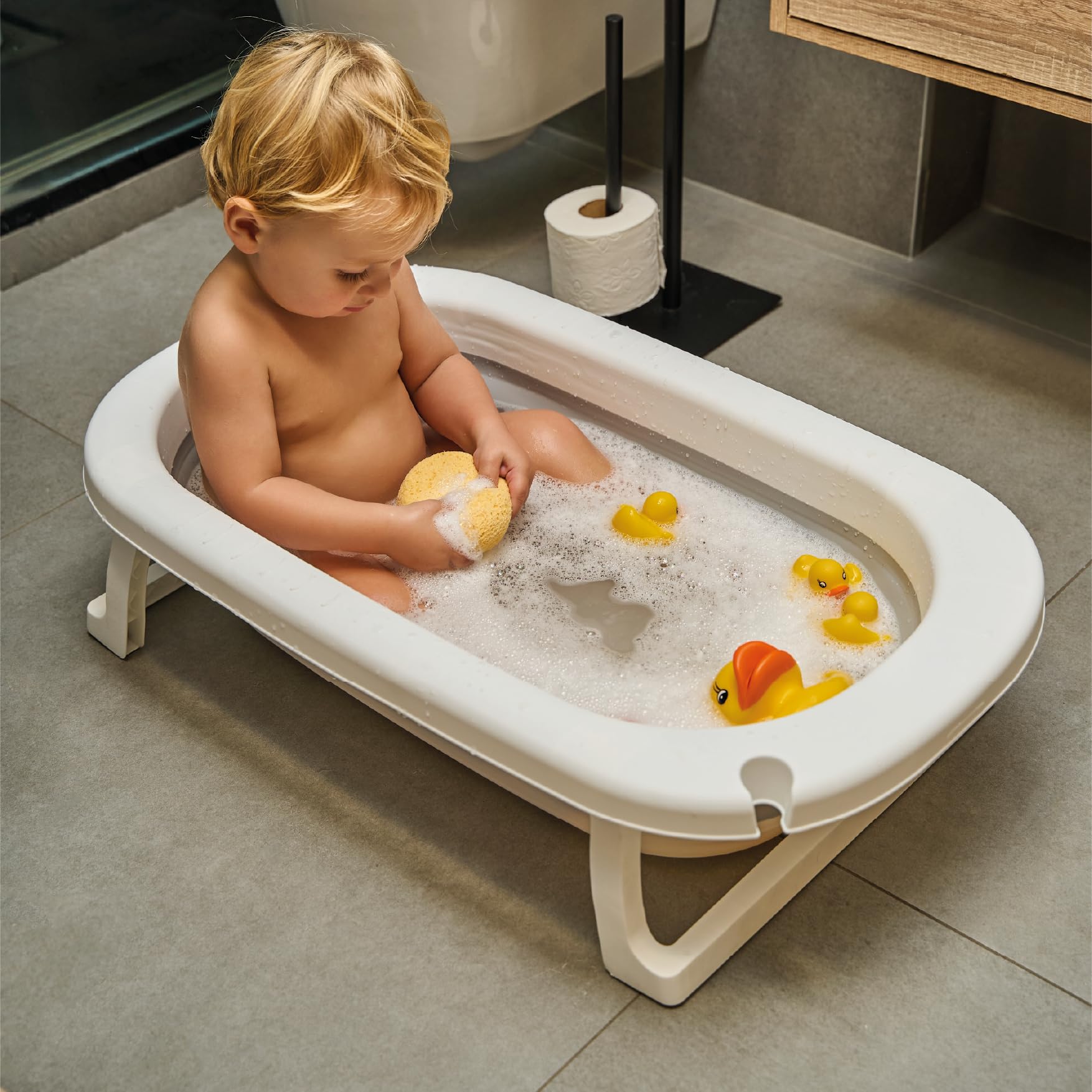 Ms Babyworld Składana wanna dla niemowląt do 24 miesięcy, z termometrem, poduszka redukcyjna dla noworodków, z antypoślizgowymi nóżkami i wskaźnikiem temperatury, kompaktowa