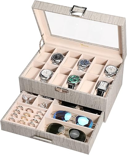 Voova Caja Organizadora de Relojes y Joyas para Hombres y Mujeres, Estuche de Almacenamiento de Relojes de Cuero con 12 Compartimentos, Soporte